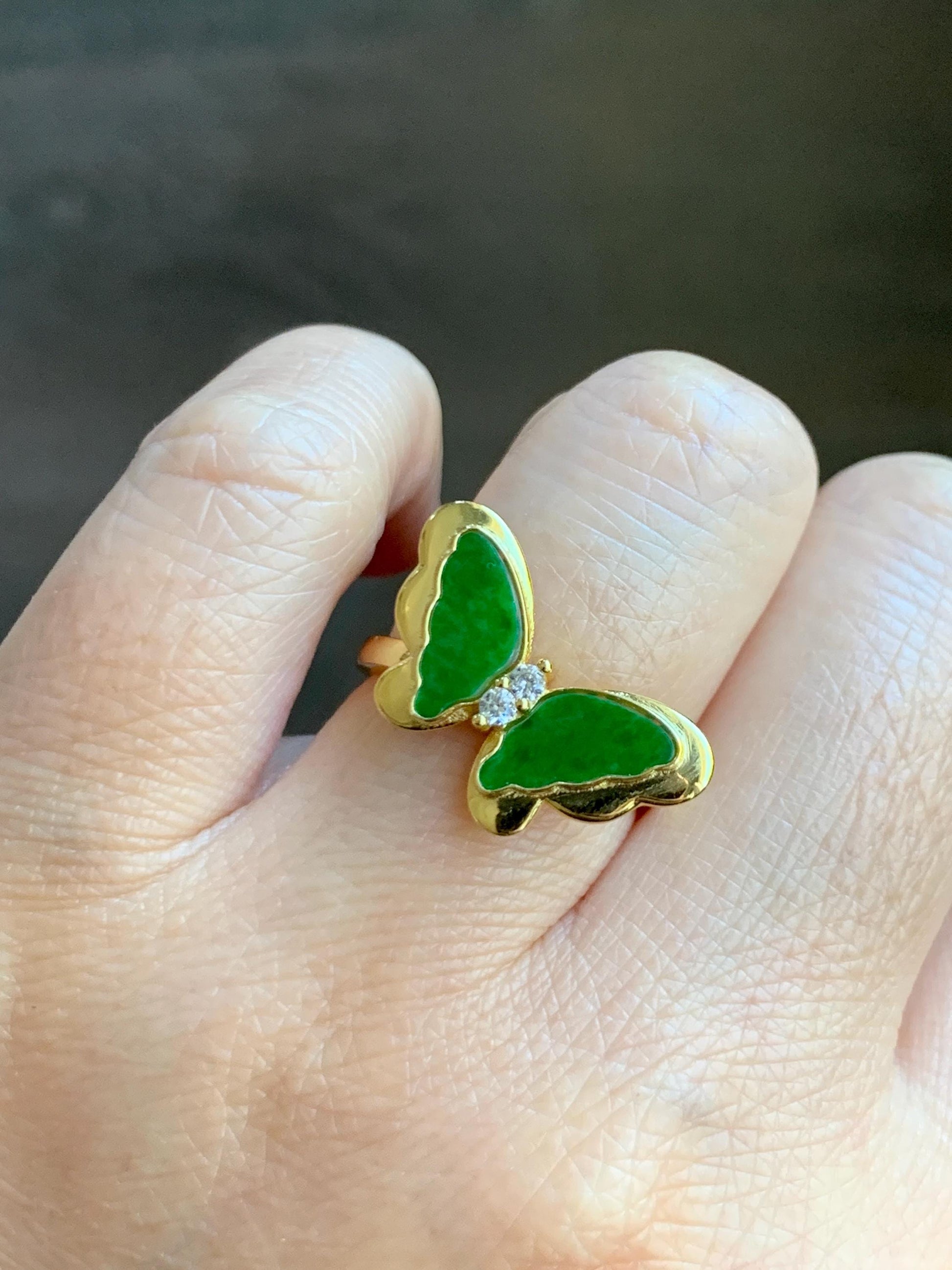 Natural Grade A Icy Vibrant Green Jade Jadeite & Mother Of Pearl Butterfly Ring Sterling Silver Size 7 Adjustable 天然阳绿花青翡翠贝母银镶蝴蝶戒指 HQHD176