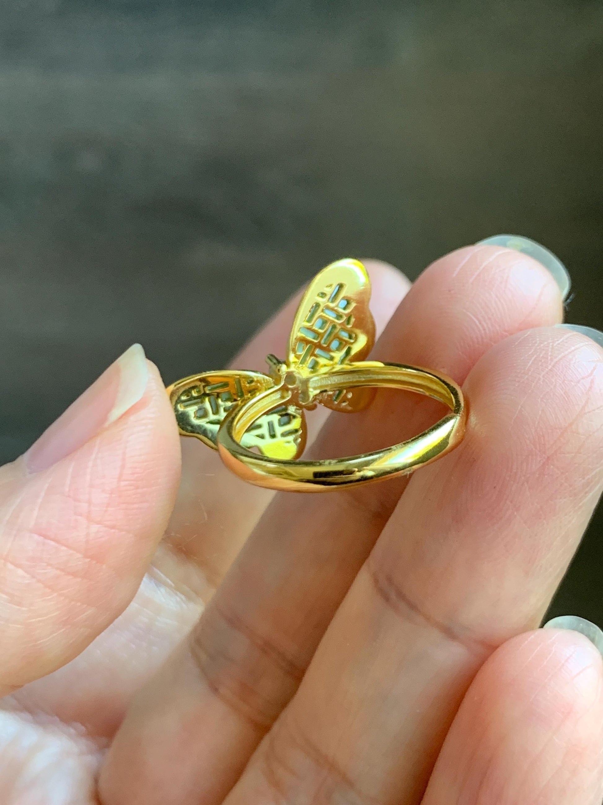 Natural Grade A Icy Vibrant Green Jade Jadeite & Mother Of Pearl Butterfly Ring Sterling Silver Size 7 Adjustable 天然阳绿花青翡翠贝母银镶蝴蝶戒指 HQHD176