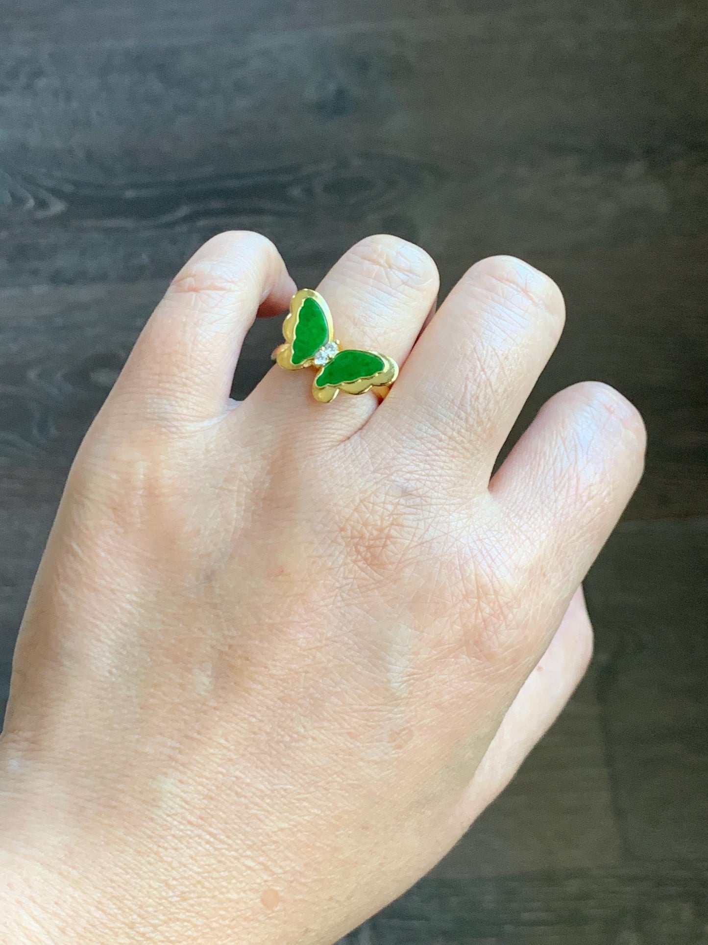 Natural Grade A Icy Vibrant Green Jade Jadeite & Mother Of Pearl Butterfly Ring Sterling Silver Size 7 Adjustable 天然阳绿花青翡翠贝母银镶蝴蝶戒指 HQHD176