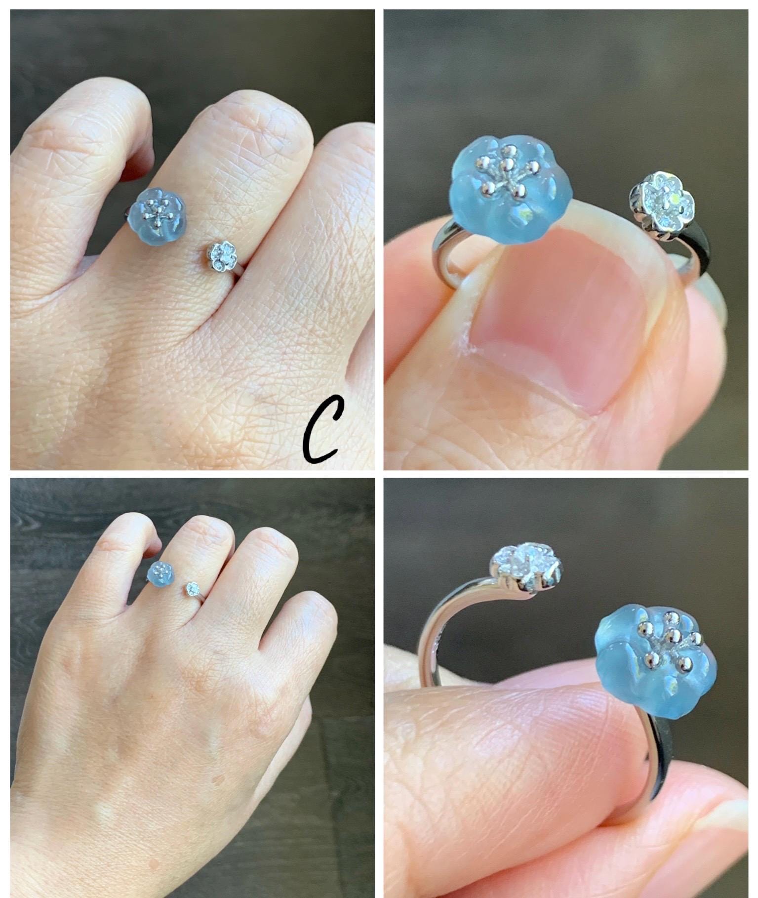 Natural Grade A Guatemalan Icy Highly Translucent Jade Jadeite Cherry Blossom Ring Sterling Silver Size Adjustable 天然高冰危翡翠梅花开口银镶戒指 GBW220