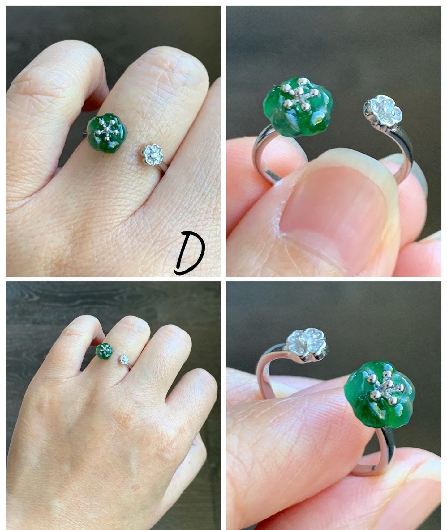 Natural Grade A Guatemalan Icy Highly Translucent Jade Jadeite Cherry Blossom Ring Sterling Silver Size Adjustable 天然高冰危翡翠梅花开口银镶戒指 GBW220