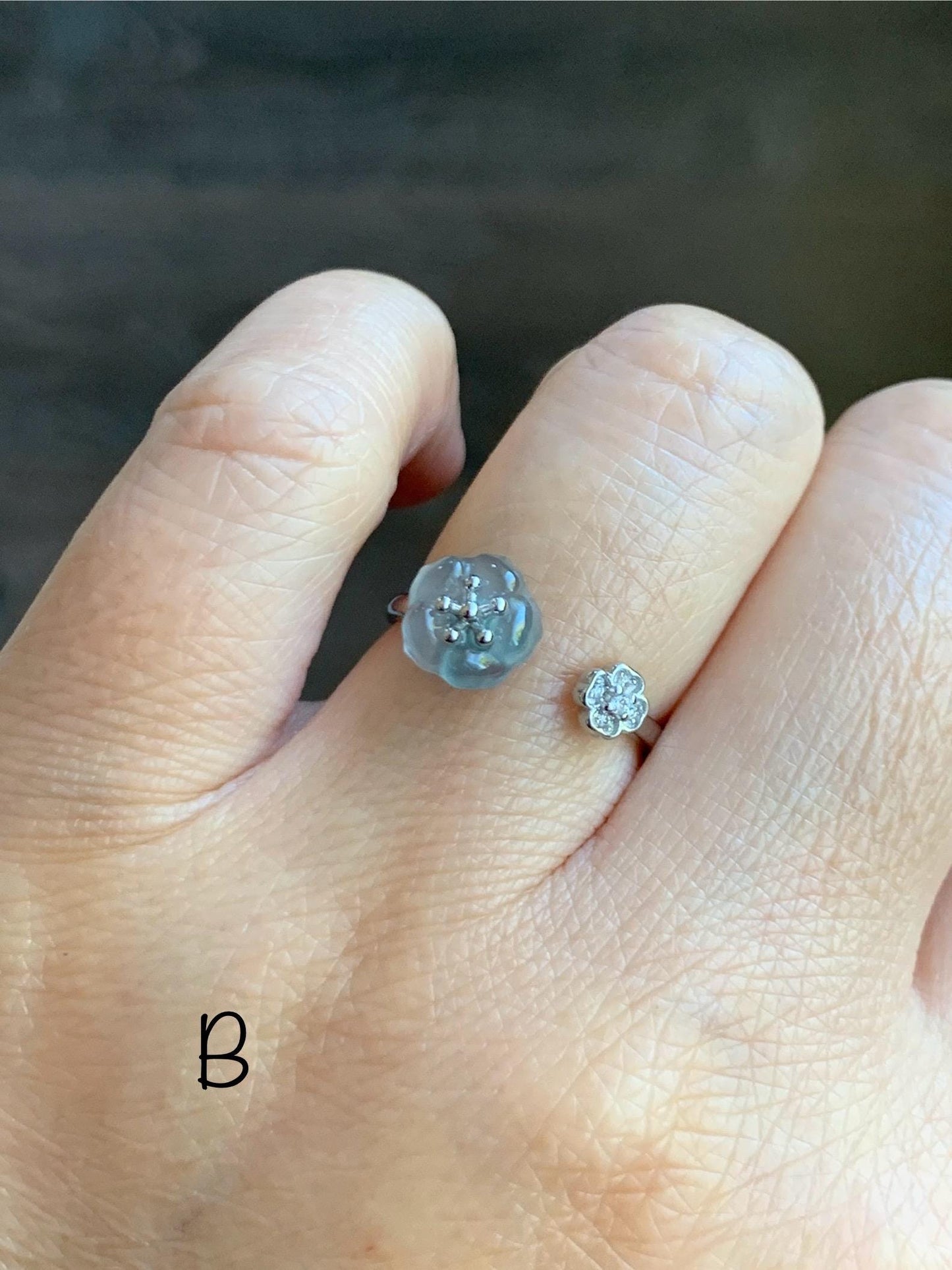 Natural Grade A Guatemalan Icy Highly Translucent Jade Jadeite Cherry Blossom Ring Sterling Silver Size Adjustable 天然高冰危翡翠梅花开口银镶戒指 GBW220