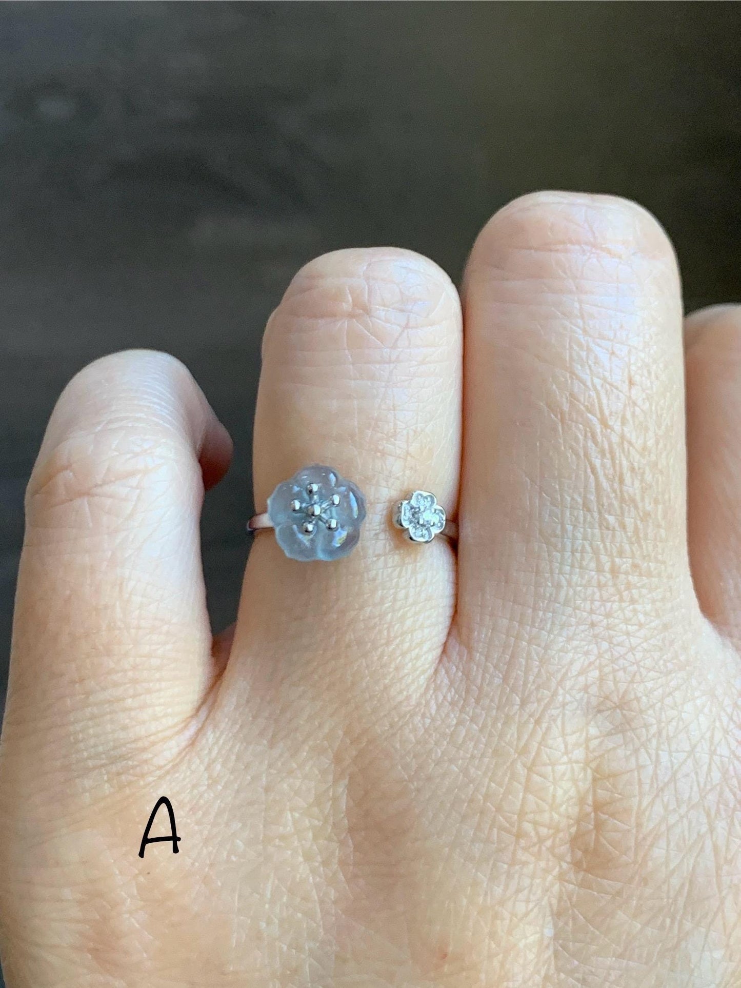 Natural Grade A Guatemalan Icy Highly Translucent Jade Jadeite Cherry Blossom Ring Sterling Silver Size Adjustable 天然高冰危翡翠梅花开口银镶戒指 GBW220