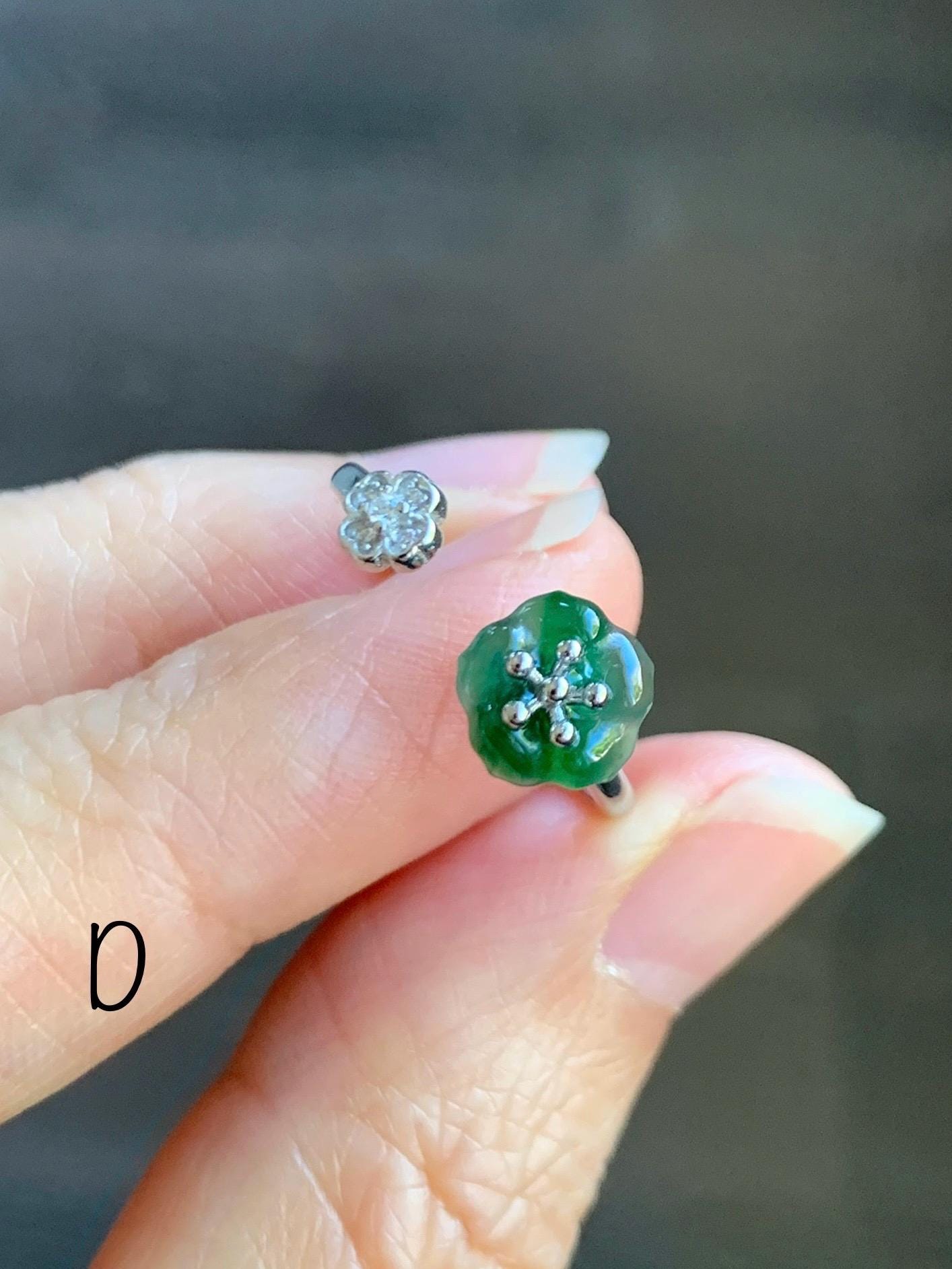 Natural Grade A Guatemalan Icy Highly Translucent Jade Jadeite Cherry Blossom Ring Sterling Silver Size Adjustable 天然高冰危翡翠梅花开口银镶戒指 GBW220