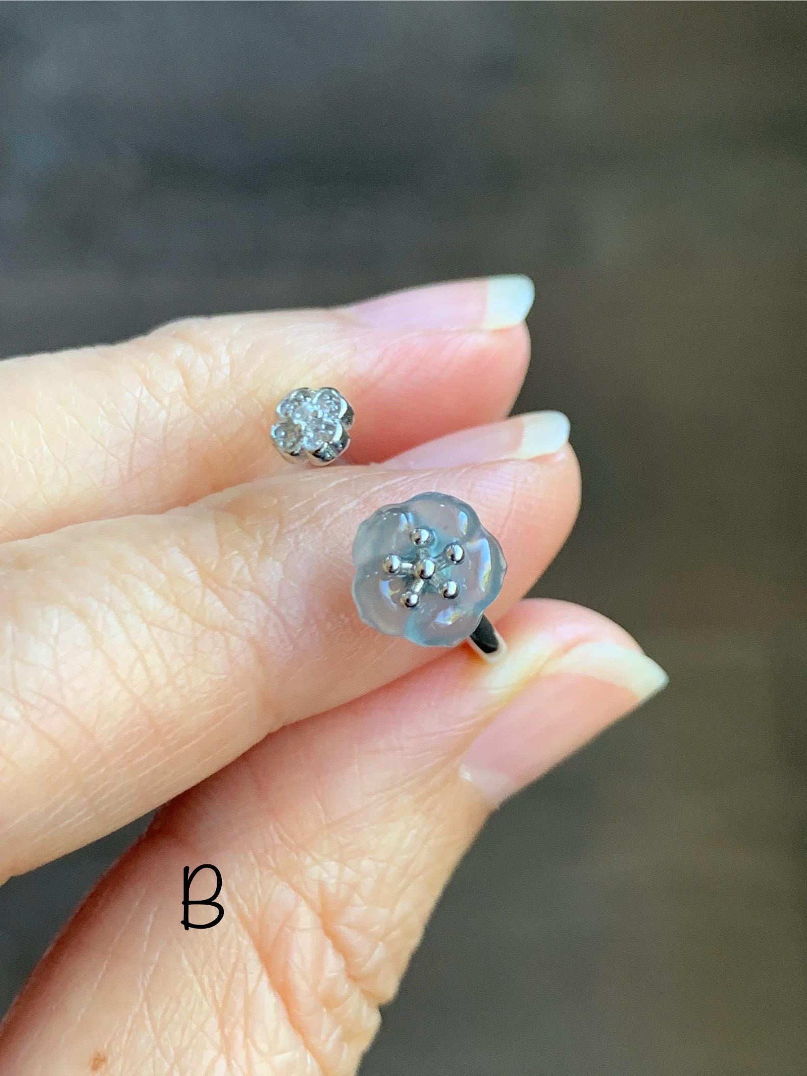 Natural Grade A Guatemalan Icy Highly Translucent Jade Jadeite Cherry Blossom Ring Sterling Silver Size Adjustable 天然高冰危翡翠梅花开口银镶戒指 GBW220