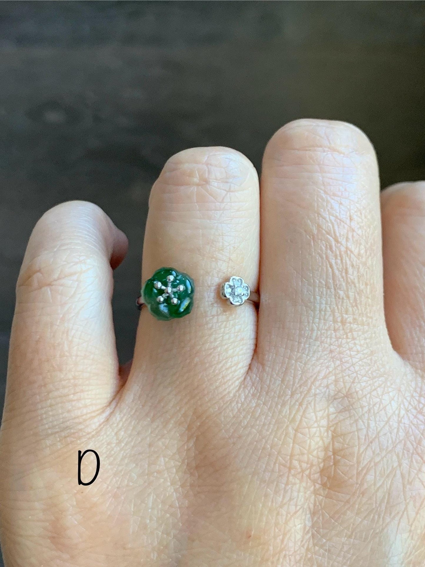Natural Grade A Guatemalan Icy Highly Translucent Jade Jadeite Cherry Blossom Ring Sterling Silver Size Adjustable 天然高冰危翡翠梅花开口银镶戒指 GBW220
