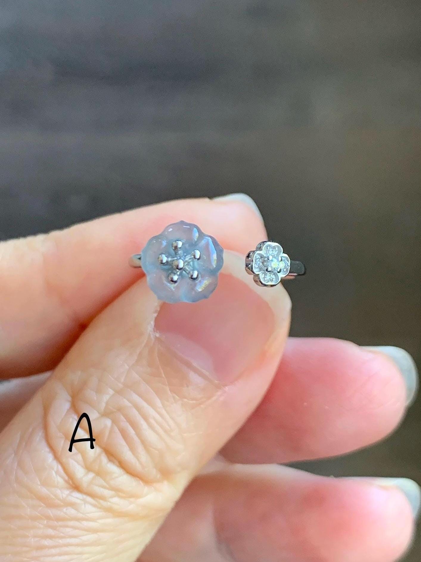 Natural Grade A Guatemalan Icy Highly Translucent Jade Jadeite Cherry Blossom Ring Sterling Silver Size Adjustable 天然高冰危翡翠梅花开口银镶戒指 GBW220