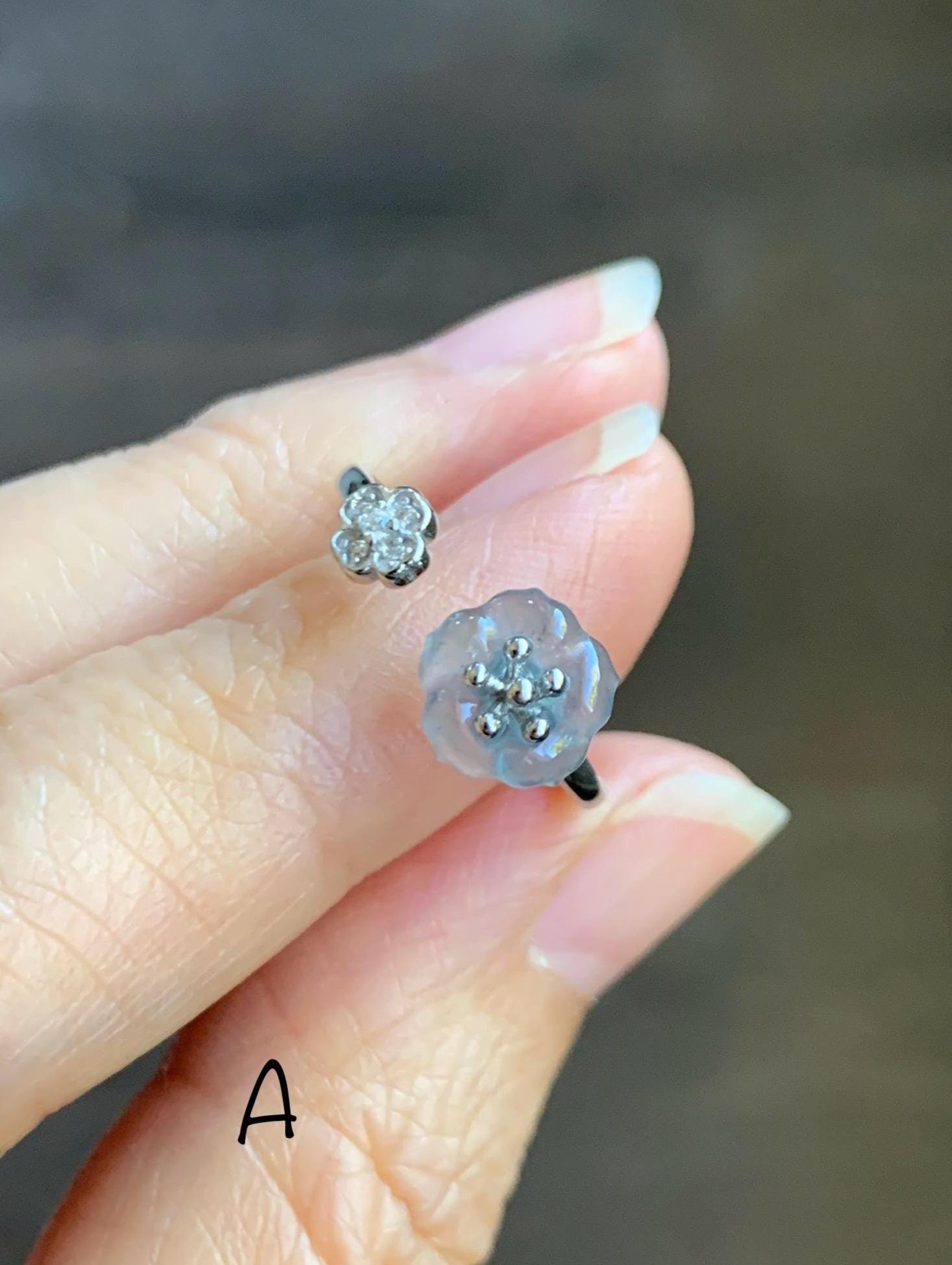 Natural Grade A Guatemalan Icy Highly Translucent Jade Jadeite Cherry Blossom Ring Sterling Silver Size Adjustable 天然高冰危翡翠梅花开口银镶戒指 GBW220