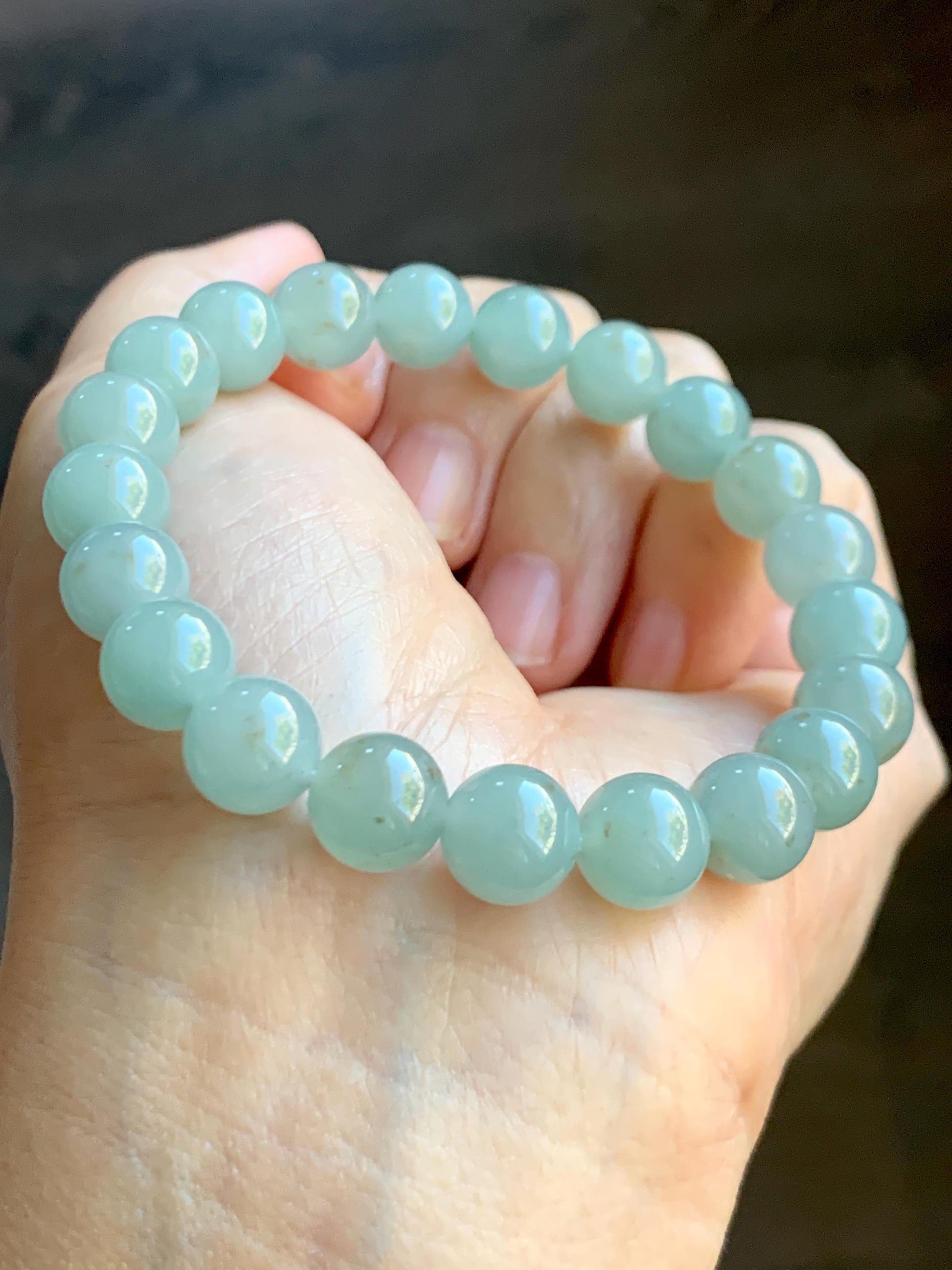 Natural Grade A Icy Translucent Gelatinous Light Dusty Green Rust Marbled Jade Jadeite Beaded Bracelet 7.25” 9.4mm 29g 天然冰胶晴底撒金翡翠圆珠手串 MSJ188