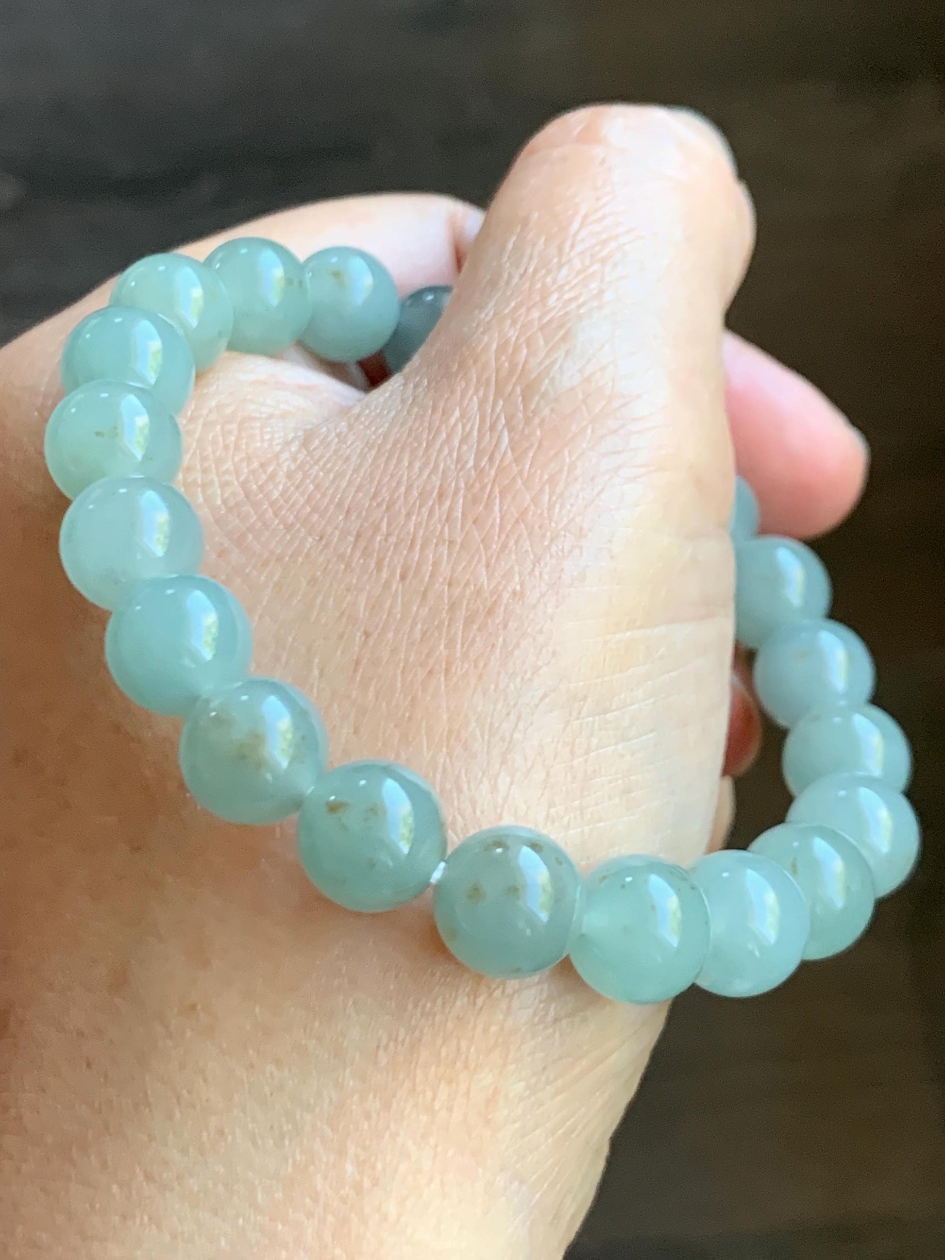 Natural Grade A Icy Translucent Gelatinous Light Dusty Green Rust Marbled Jade Jadeite Beaded Bracelet 7.25” 9.4mm 29g 天然冰胶晴底撒金翡翠圆珠手串 MSJ188