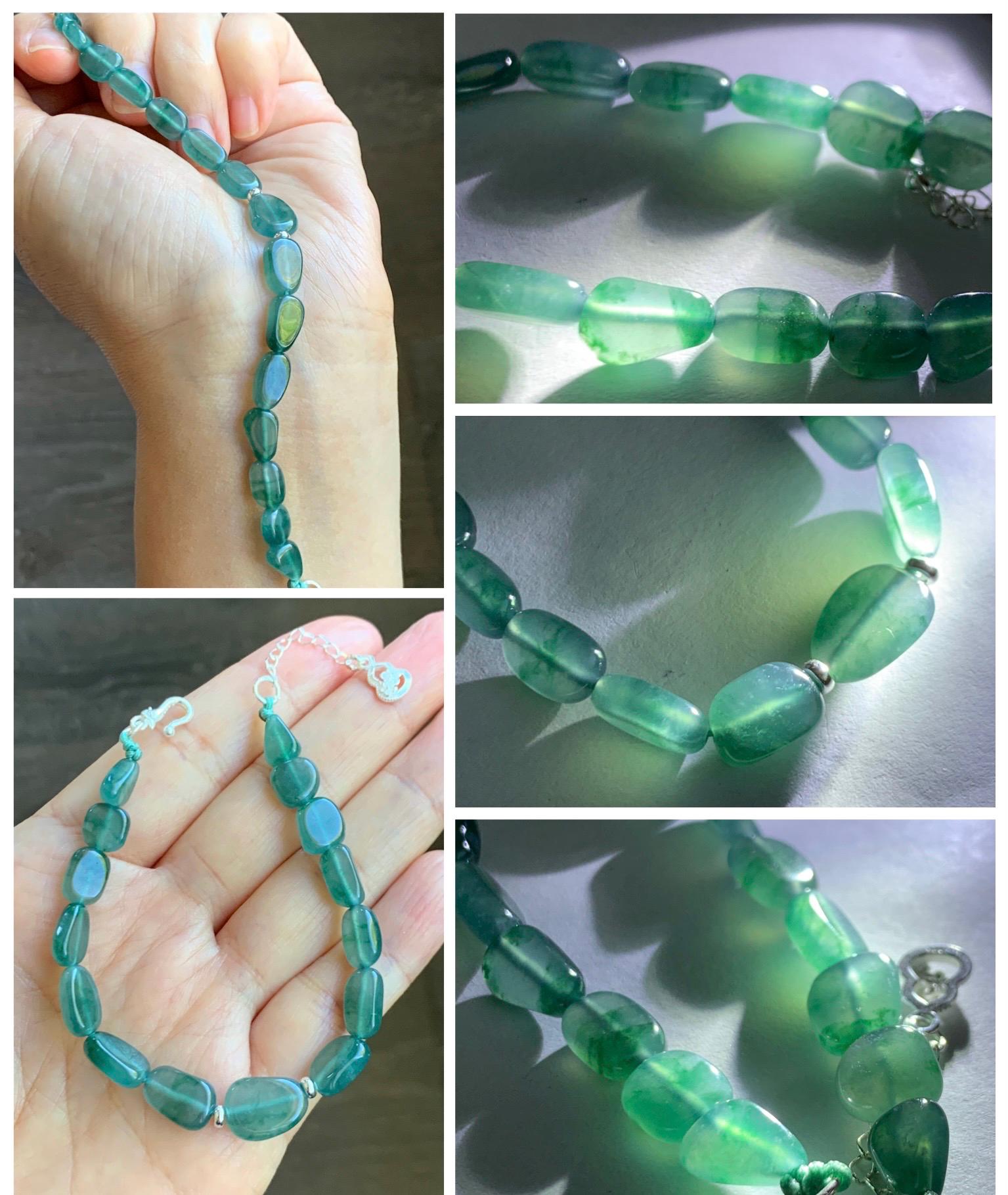 Natural Grade A Guatemalan Icy Highly Translucent Teal Green Jade Jadeite Nugget Beaded Bracelet Sterling Silver 6.75” 天然冰透危蓝绿翡翠随形珠手串 XSX190
