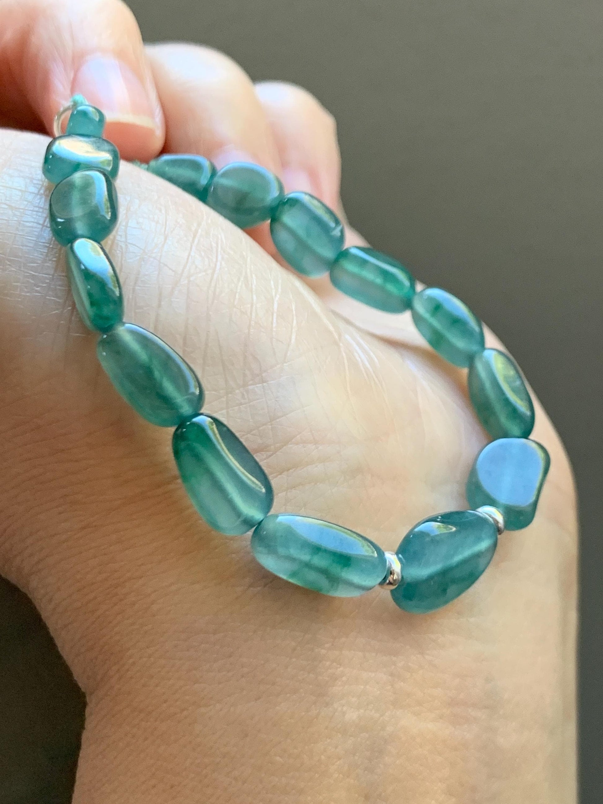 Natural Grade A Guatemalan Icy Highly Translucent Teal Green Jade Jadeite Nugget Beaded Bracelet Sterling Silver 6.75” 天然冰透危蓝绿翡翠随形珠手串 XSX190