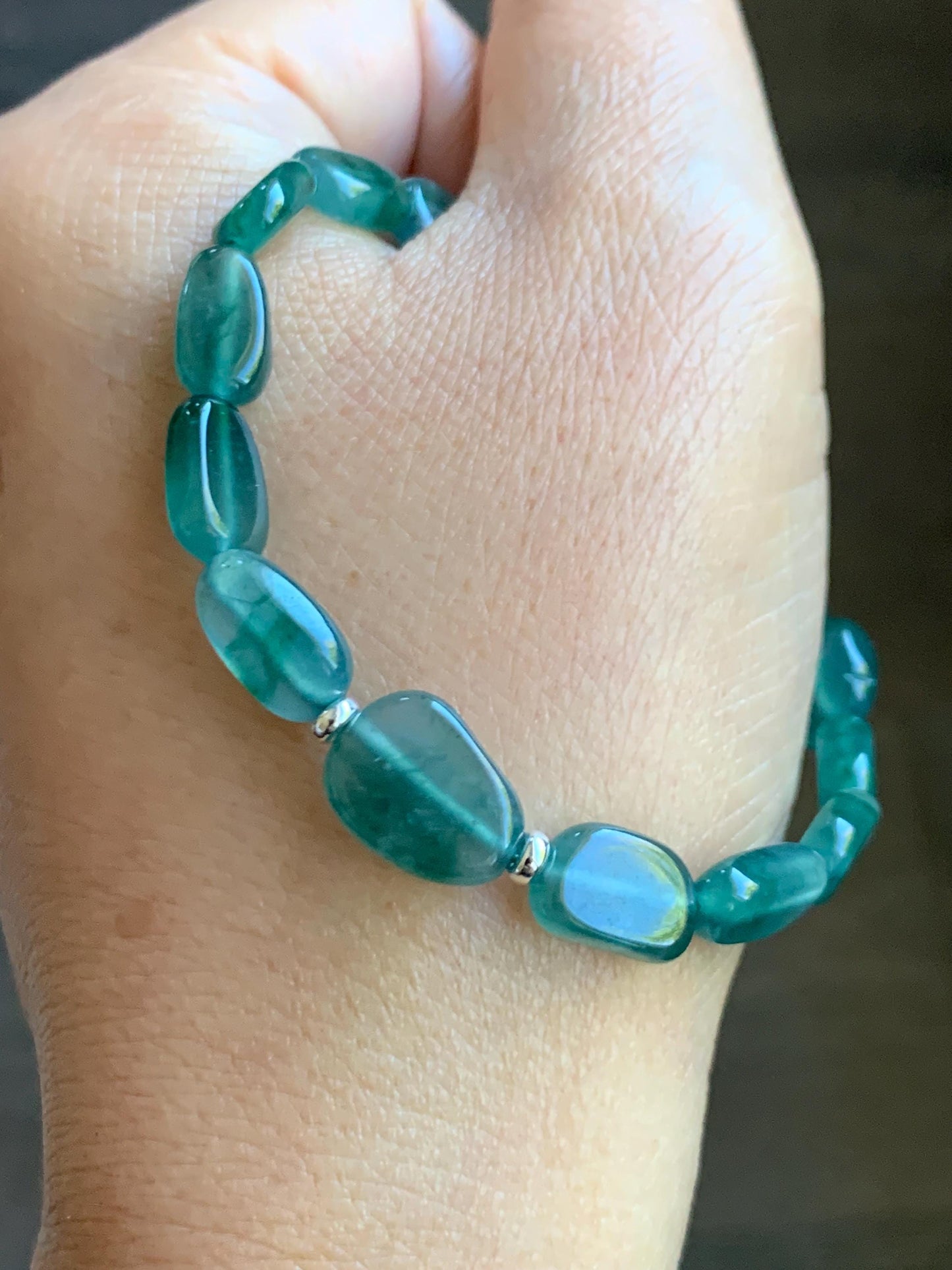 Natural Grade A Guatemalan Icy Highly Translucent Teal Green Jade Jadeite Nugget Beaded Bracelet Sterling Silver 6.75” 天然冰透危蓝绿翡翠随形珠手串 XSX190