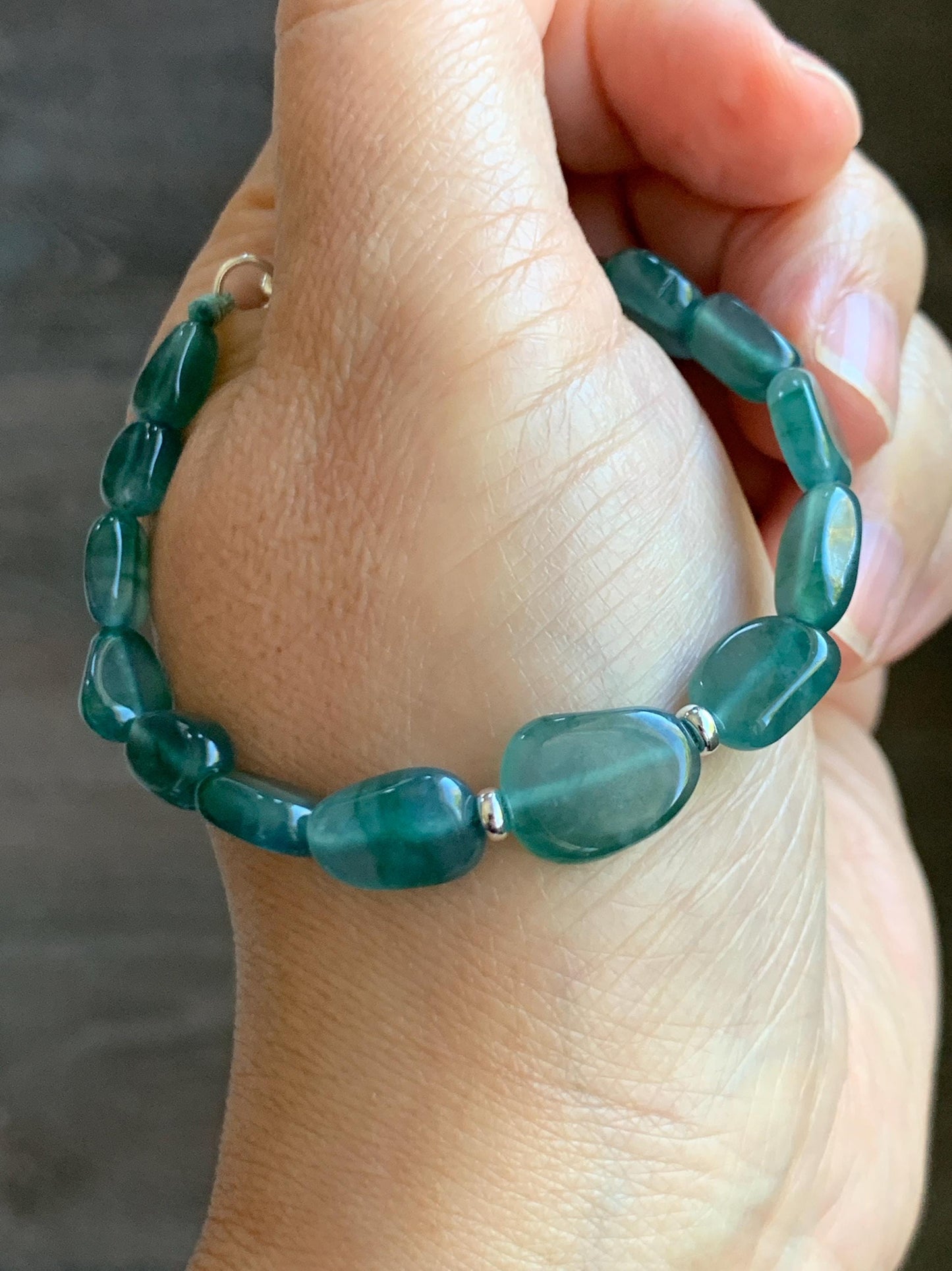 Natural Grade A Guatemalan Icy Highly Translucent Teal Green Jade Jadeite Nugget Beaded Bracelet Sterling Silver 6.75” 天然冰透危蓝绿翡翠随形珠手串 XSX190