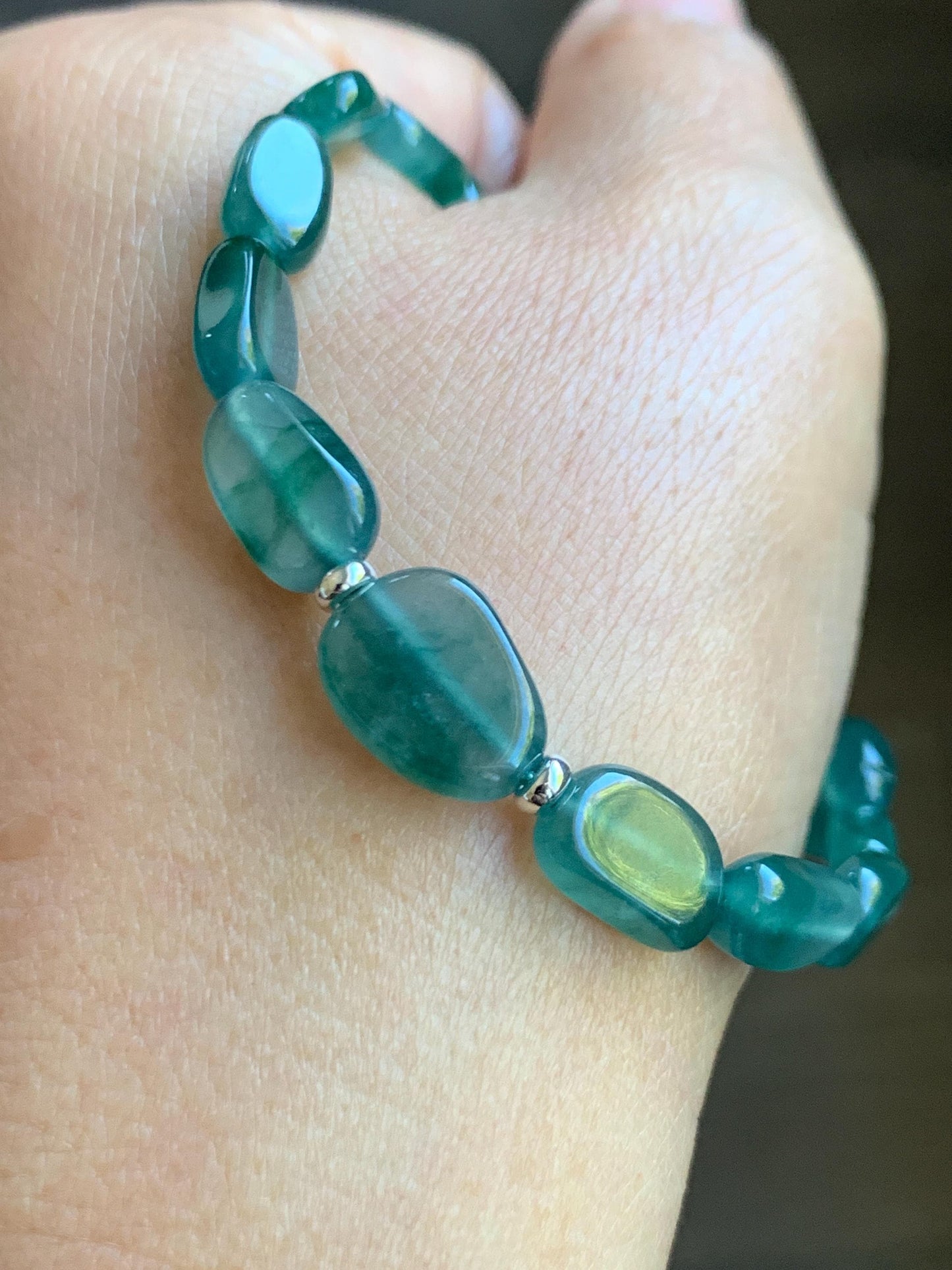 Natural Grade A Guatemalan Icy Highly Translucent Teal Green Jade Jadeite Nugget Beaded Bracelet Sterling Silver 6.75” 天然冰透危蓝绿翡翠随形珠手串 XSX190