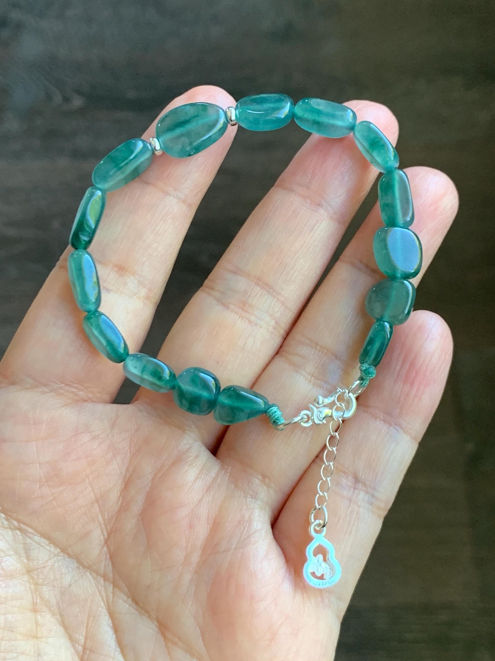 Natural Grade A Guatemalan Icy Highly Translucent Teal Green Jade Jadeite Nugget Beaded Bracelet Sterling Silver 6.75” 天然冰透危蓝绿翡翠随形珠手串 XSX190