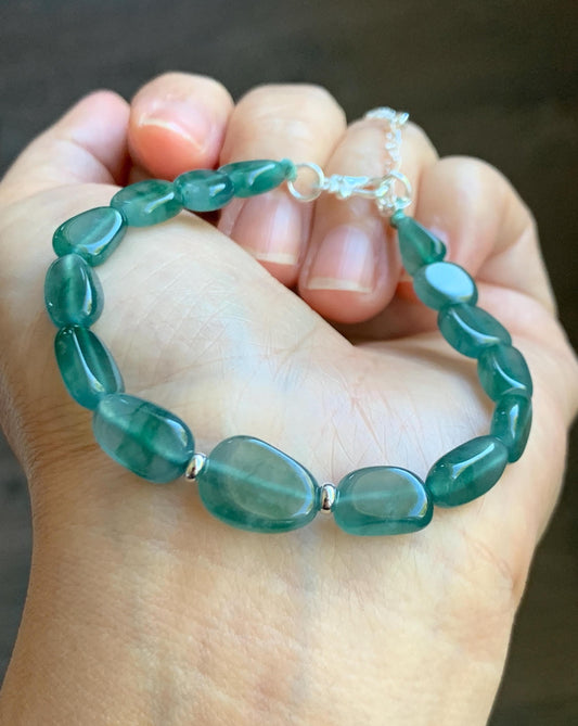Natural Grade A Guatemalan Icy Highly Translucent Teal Green Jade Jadeite Nugget Beaded Bracelet Sterling Silver 6.75” 天然冰透危蓝绿翡翠随形珠手串 XSX190