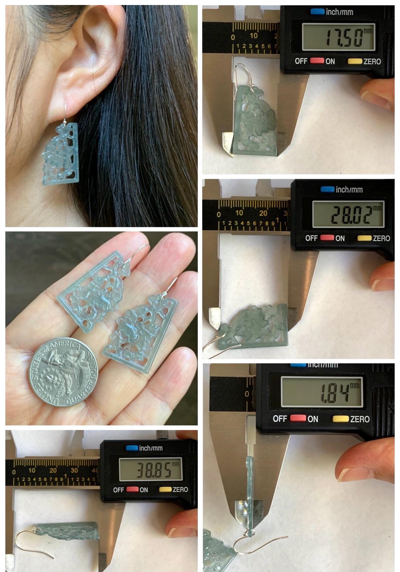 Natural Grade A Guatemalan Icy Highly Translucent Pastel Blue Jade Jadeite Openwork Engraved Earrings Sterling Silver 天然冰危淡蓝翡翠镂空雕耳钩 WDL132