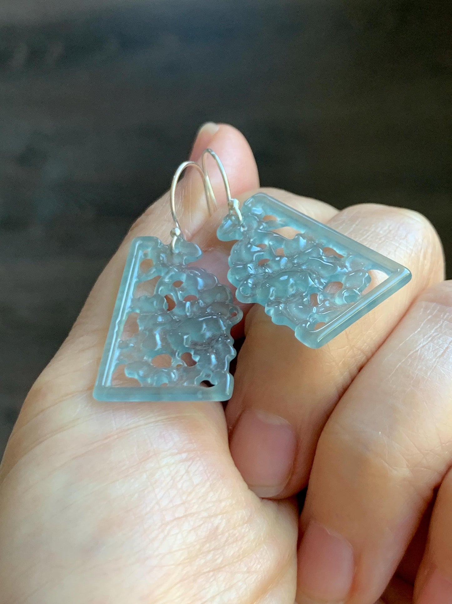 Natural Grade A Guatemalan Icy Highly Translucent Pastel Blue Jade Jadeite Openwork Engraved Earrings Sterling Silver 天然冰危淡蓝翡翠镂空雕耳钩 WDL132