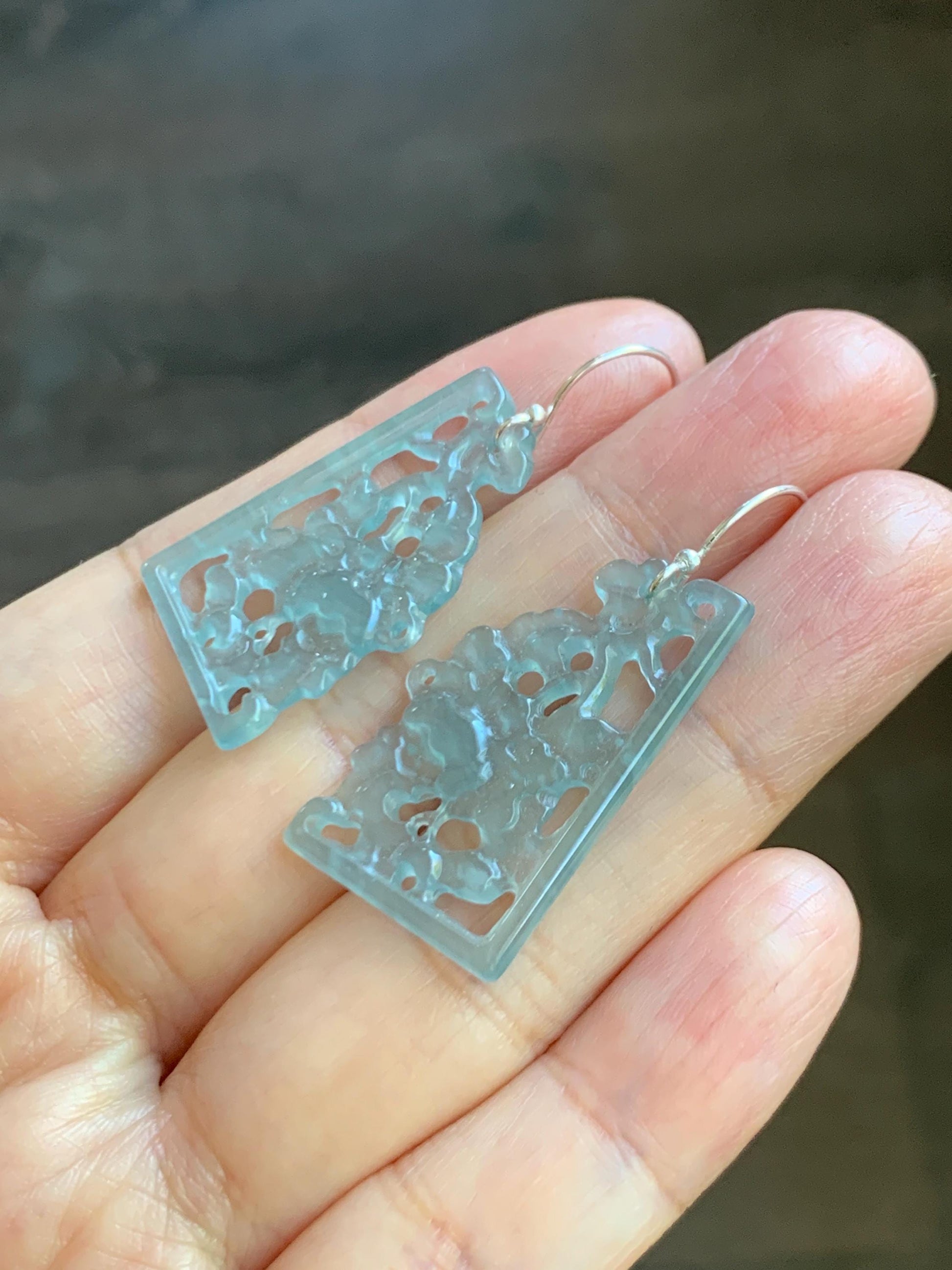 Natural Grade A Guatemalan Icy Highly Translucent Pastel Blue Jade Jadeite Openwork Engraved Earrings Sterling Silver 天然冰危淡蓝翡翠镂空雕耳钩 WDL132