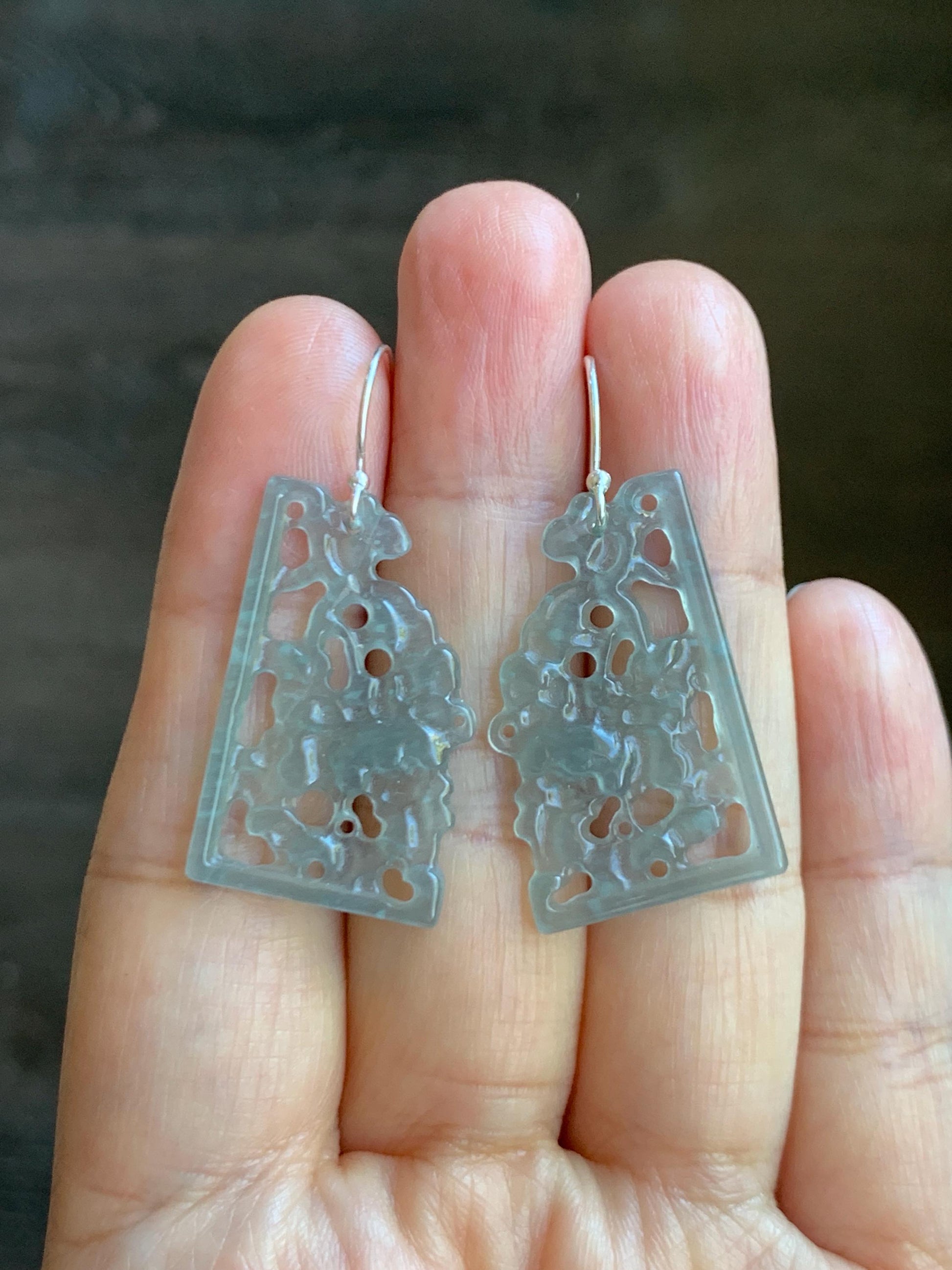 Natural Grade A Guatemalan Icy Highly Translucent Pastel Blue Jade Jadeite Openwork Engraved Earrings Sterling Silver 天然冰危淡蓝翡翠镂空雕耳钩 WDL132