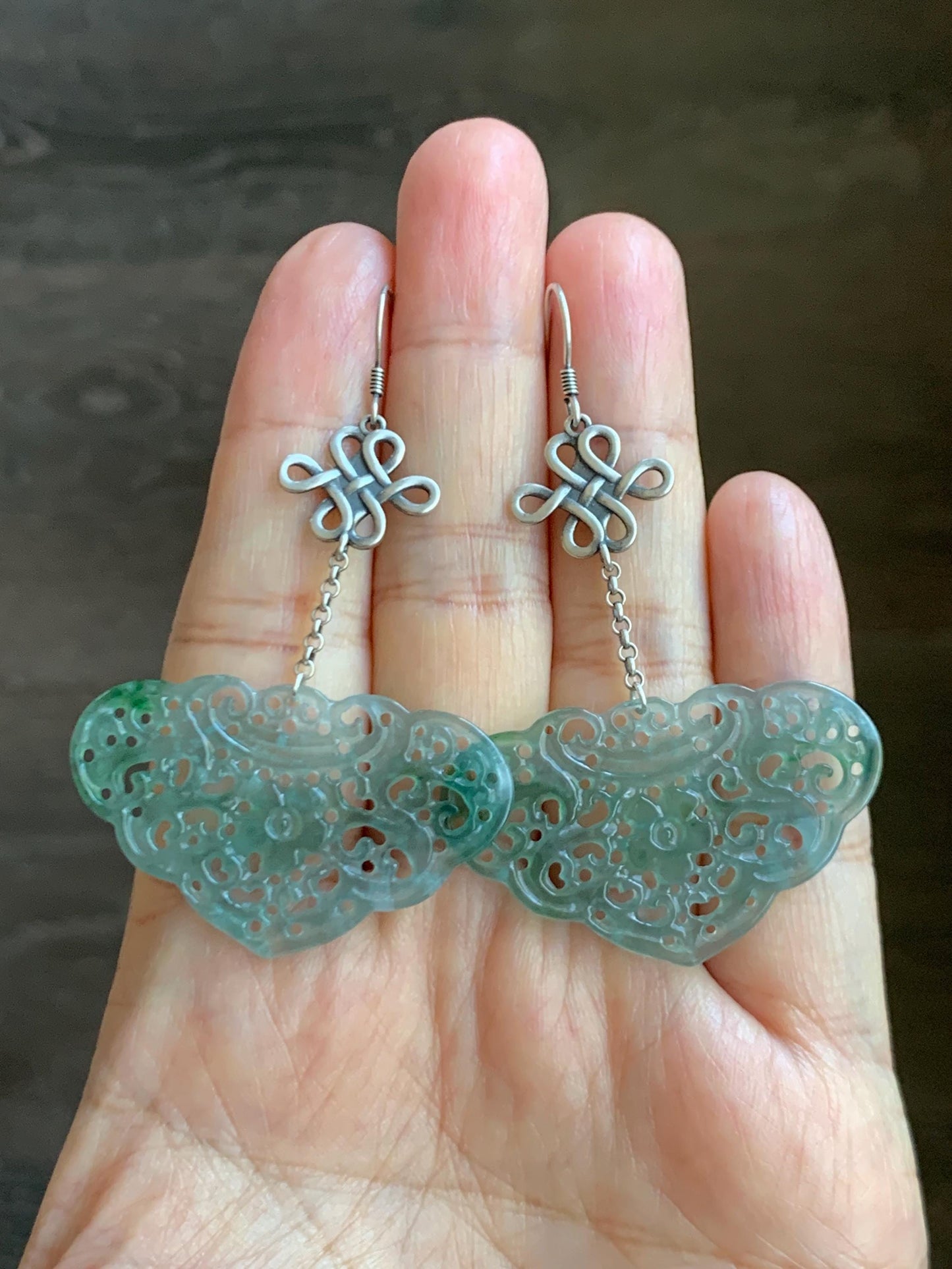Natural Grade A Guatemalan Icy Translucent Light Teal Jade Jadeite Openwork Engraved Ruyi Earrings Sterling Silver 天然冰危晴蓝飘花翡翠镂空雕银耳钩 WPH162