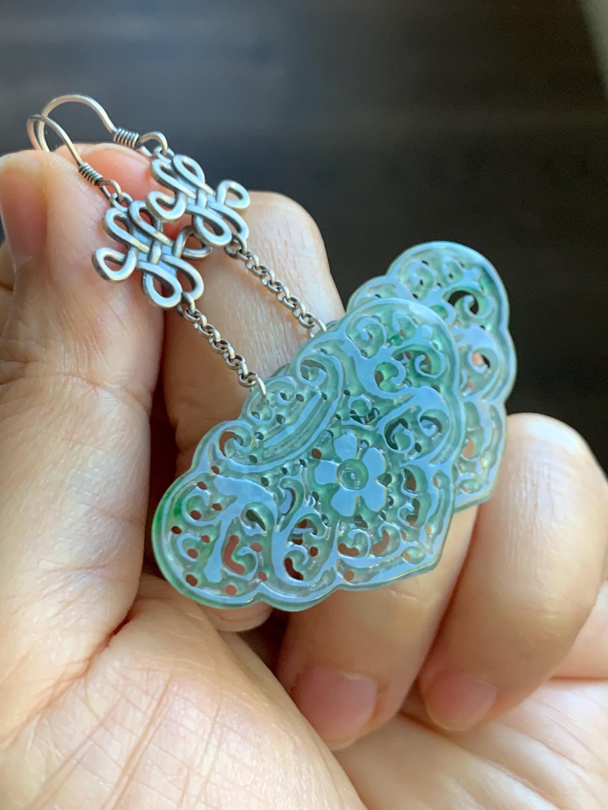 Natural Grade A Guatemalan Icy Translucent Light Teal Jade Jadeite Openwork Engraved Ruyi Earrings Sterling Silver 天然冰危晴蓝飘花翡翠镂空雕银耳钩 WPH162