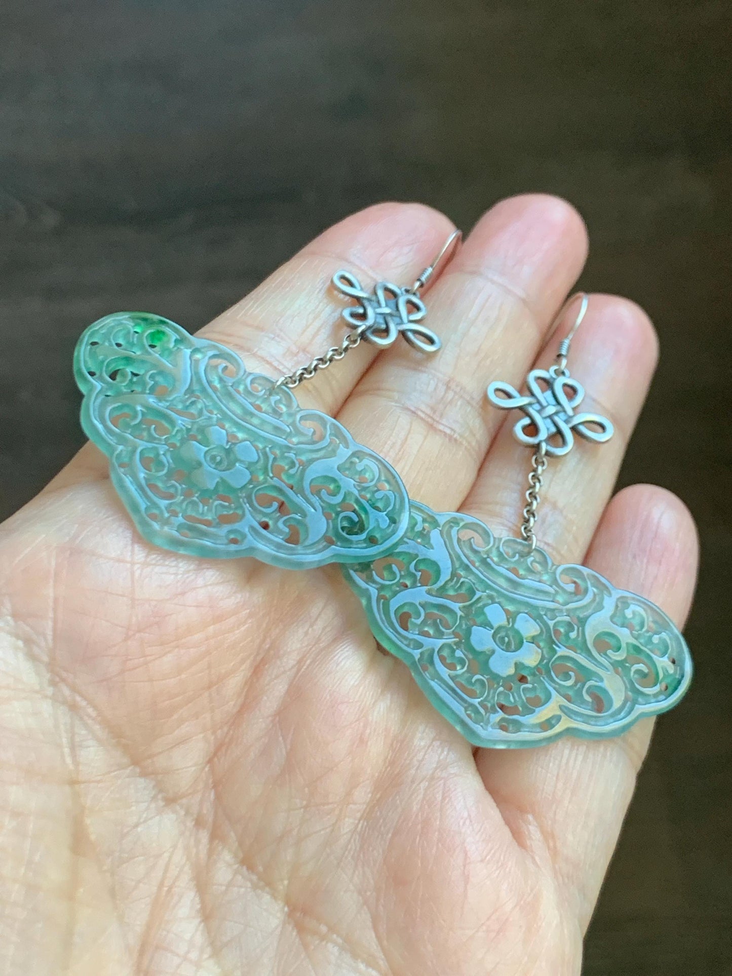 Natural Grade A Guatemalan Icy Translucent Light Teal Jade Jadeite Openwork Engraved Ruyi Earrings Sterling Silver 天然冰危晴蓝飘花翡翠镂空雕银耳钩 WPH162