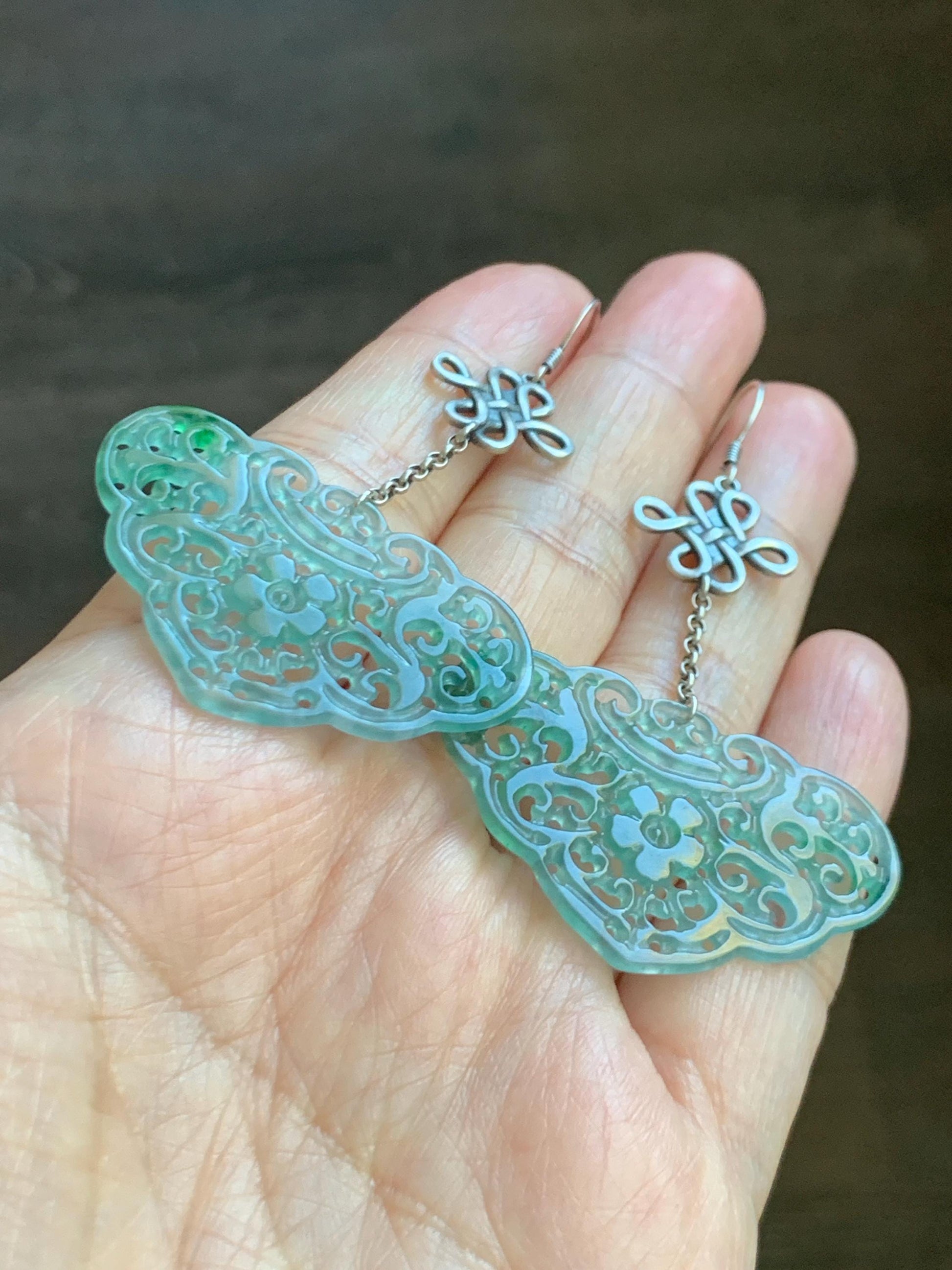 Natural Grade A Guatemalan Icy Translucent Light Teal Jade Jadeite Openwork Engraved Ruyi Earrings Sterling Silver 天然冰危晴蓝飘花翡翠镂空雕银耳钩 WPH162