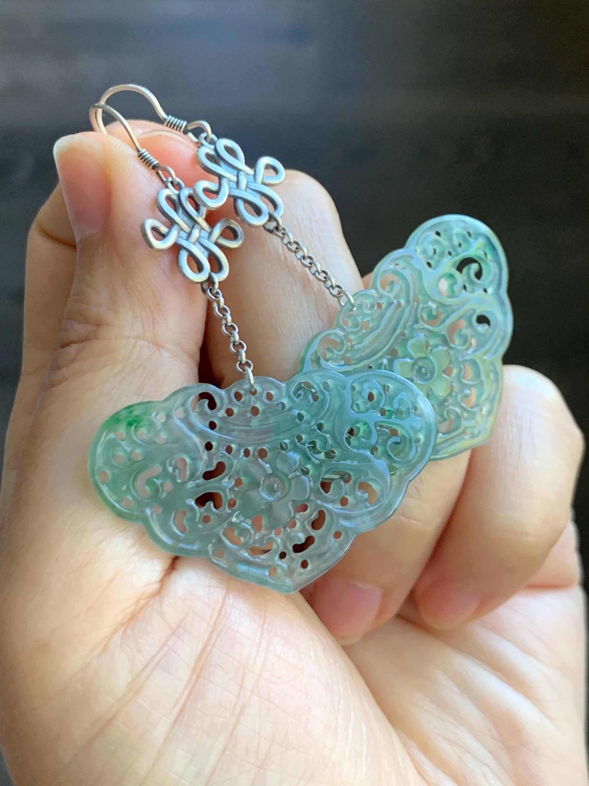 Natural Grade A Guatemalan Icy Translucent Light Teal Jade Jadeite Openwork Engraved Ruyi Earrings Sterling Silver 天然冰危晴蓝飘花翡翠镂空雕银耳钩 WPH162