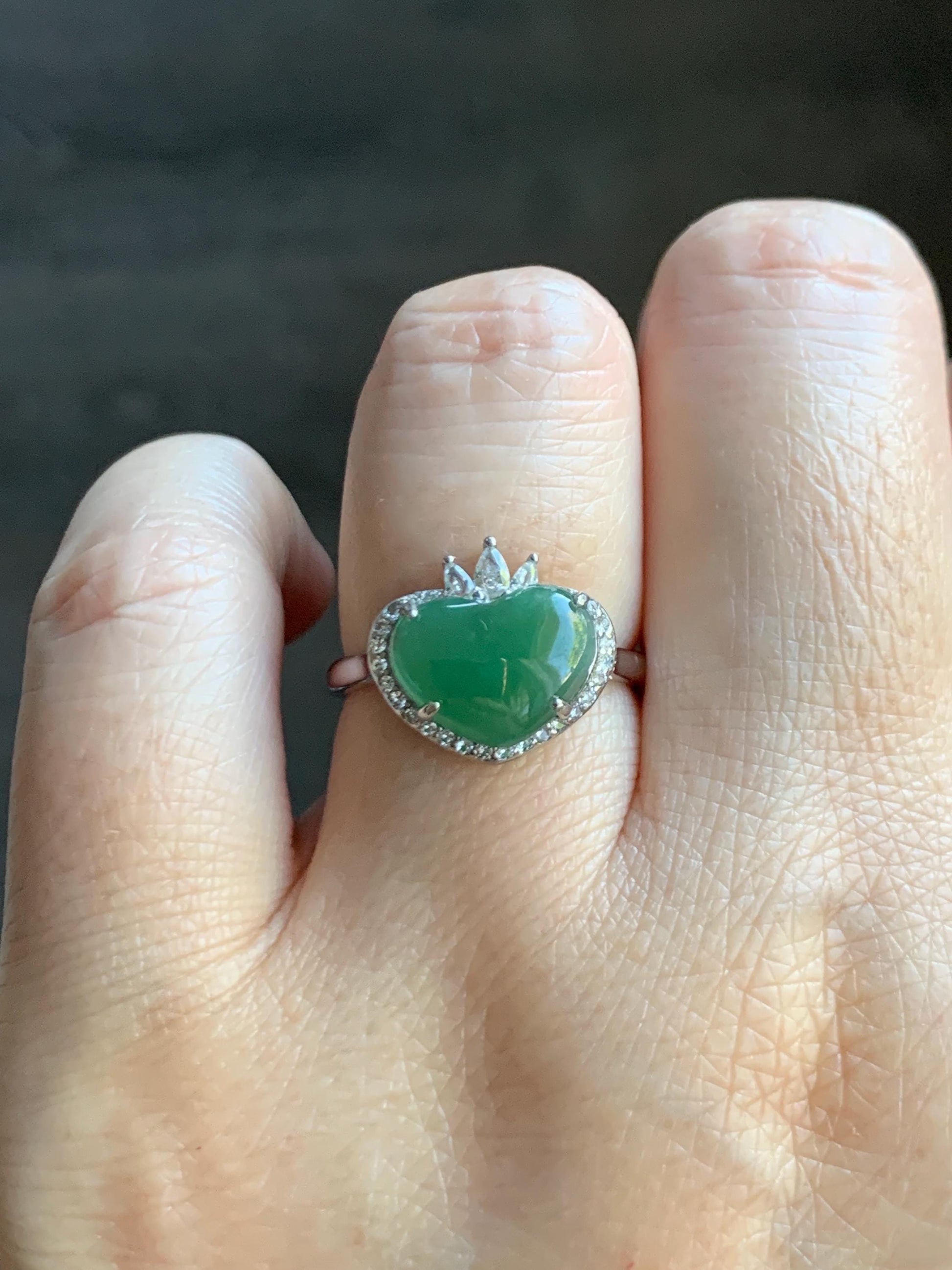 Natural Grade A Guatemalan Icy Translucent Gelatinous Green Heart Jade Jadeite Ring Sterling Silver Size Adjustable 天然冰危蓝绿翡翠爱心蛋面银镶戒指 WLH240