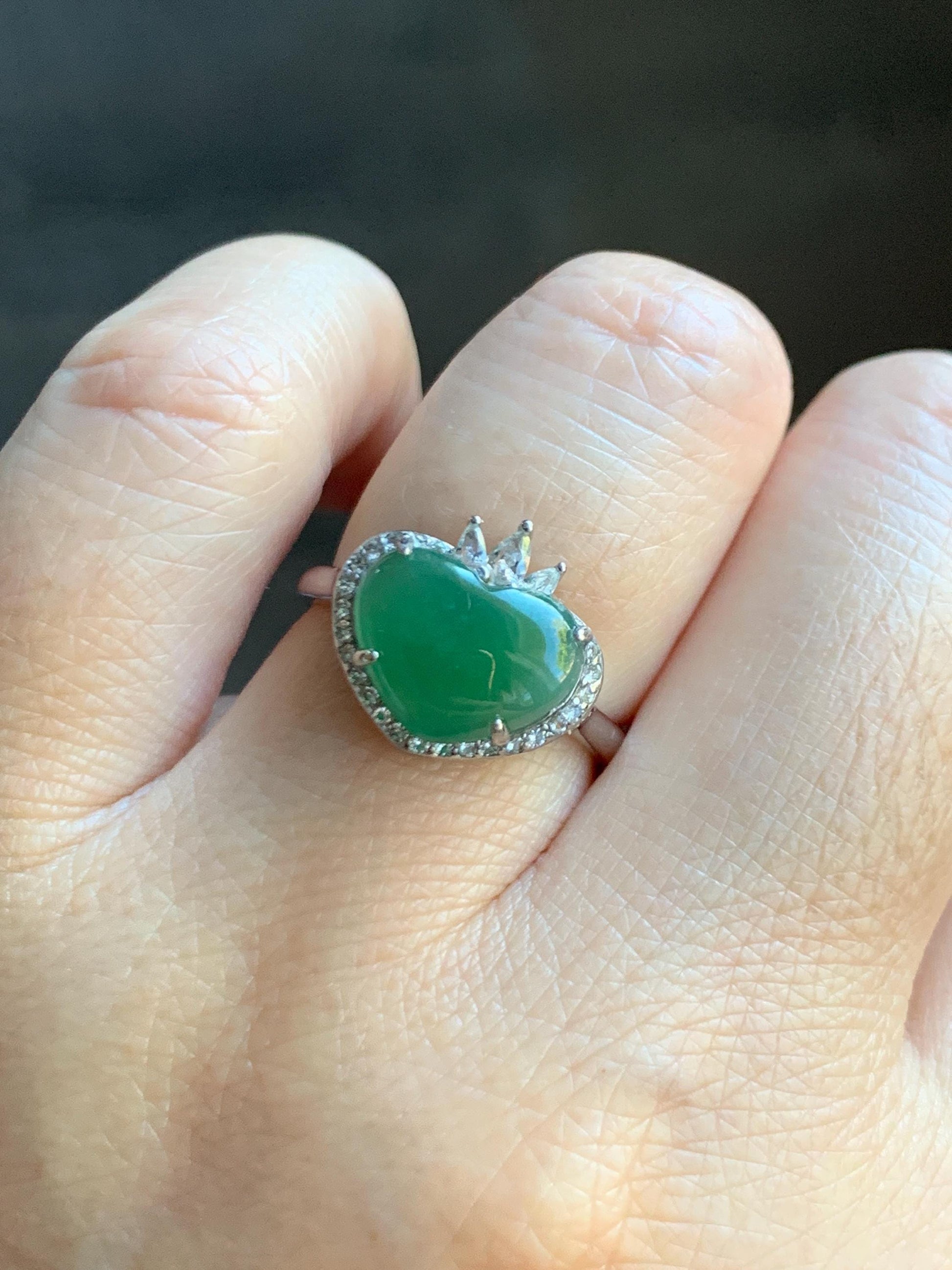 Natural Grade A Guatemalan Icy Translucent Gelatinous Green Heart Jade Jadeite Ring Sterling Silver Size Adjustable 天然冰危蓝绿翡翠爱心蛋面银镶戒指 WLH240