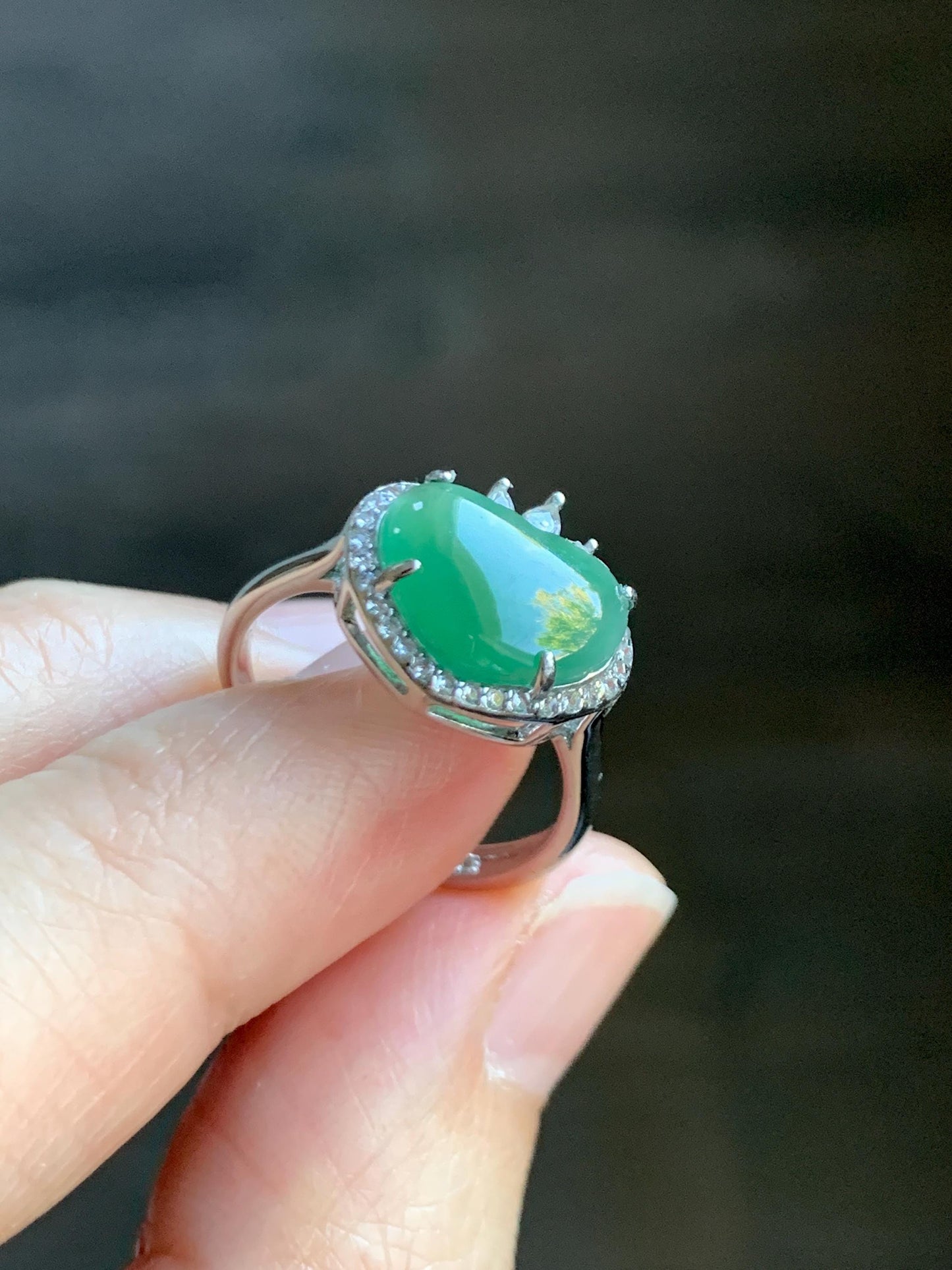 Natural Grade A Guatemalan Icy Translucent Gelatinous Green Heart Jade Jadeite Ring Sterling Silver Size Adjustable 天然冰危蓝绿翡翠爱心蛋面银镶戒指 WLH240