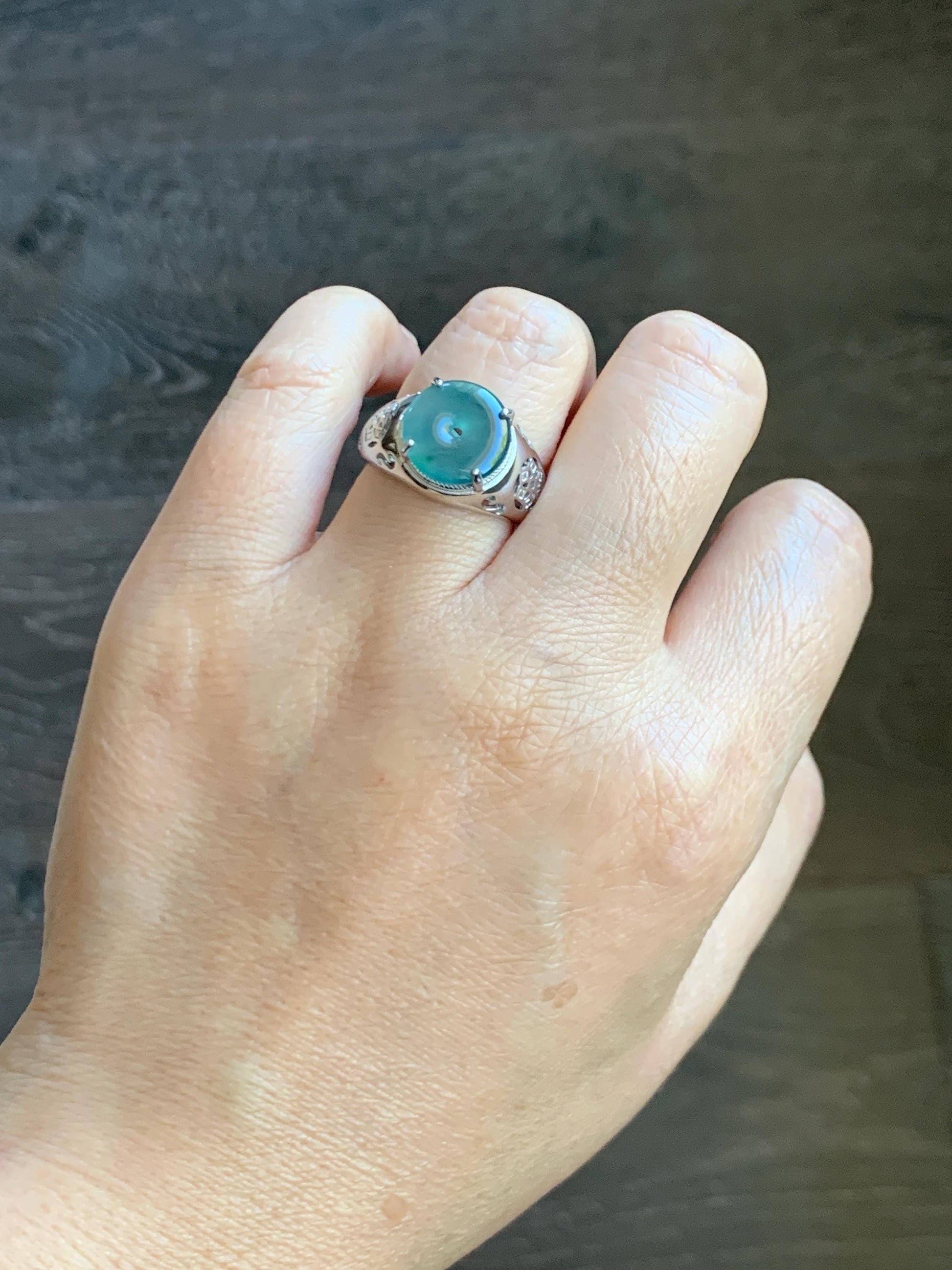 Natural Type A Guatemalan Icy Translucent Teal Blue Jade Jadeite Donut Ping An Kou Ring Sterling Silver Size Adjustable 天然冰危蓝翡翠平安扣戒指MAPK270A