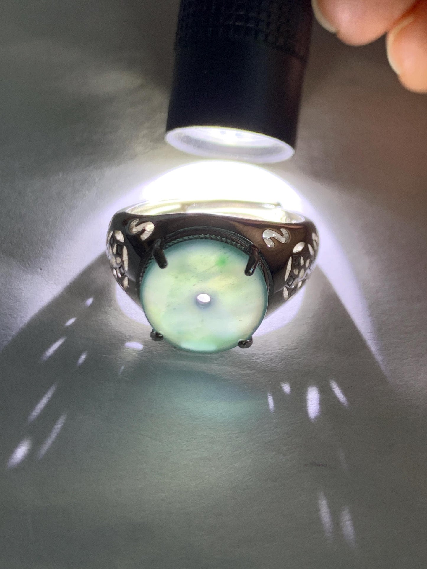 Natural Type A Guatemalan Icy Translucent Teal Blue Jade Jadeite Donut Ping An Kou Ring Sterling Silver Size Adjustable 天然冰危蓝翡翠平安扣戒指MAPK270A