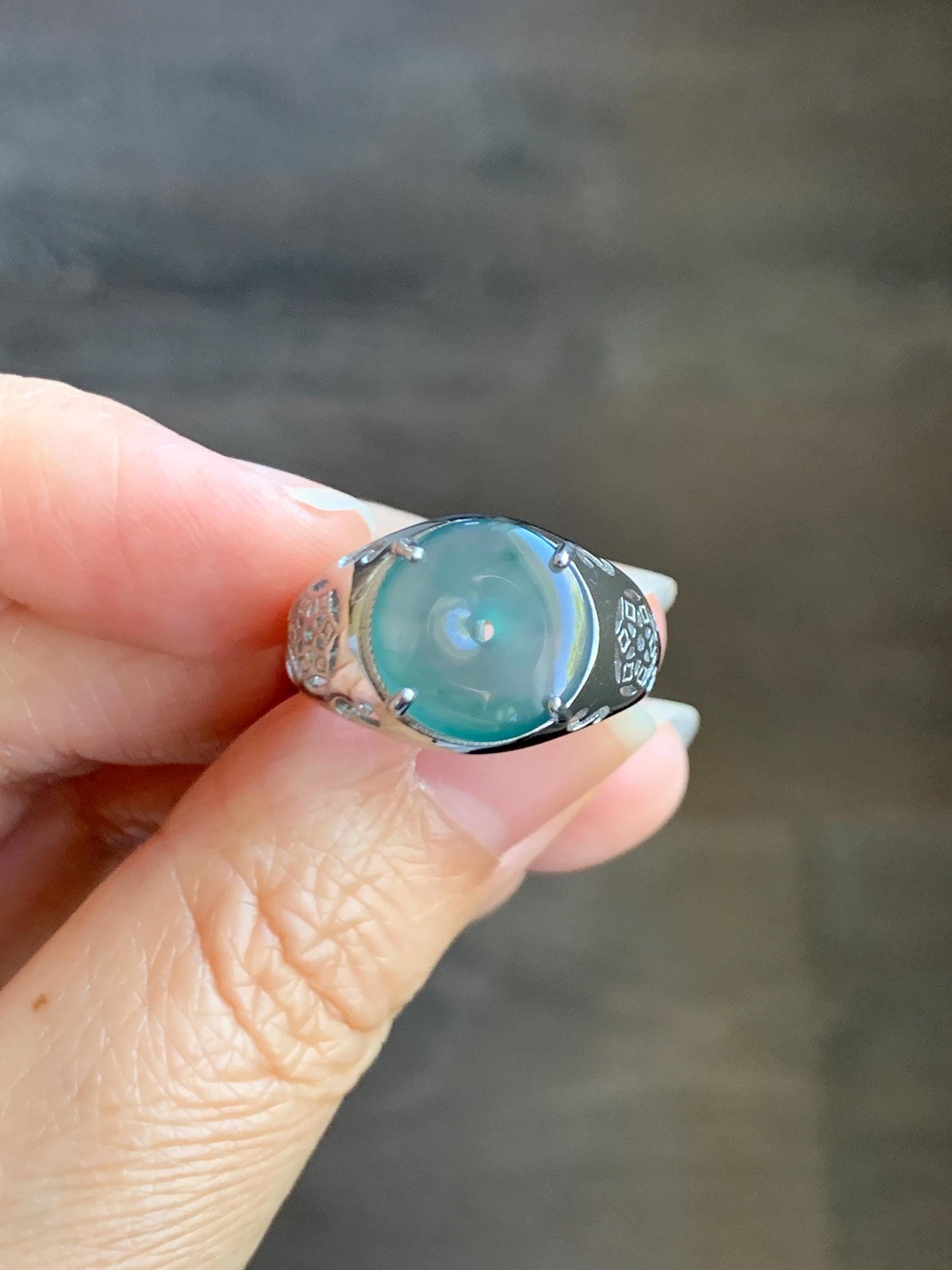 Natural Type A Guatemalan Icy Translucent Teal Blue Jade Jadeite Donut Ping An Kou Ring Sterling Silver Size Adjustable 天然冰危蓝翡翠平安扣戒指MAPK270A