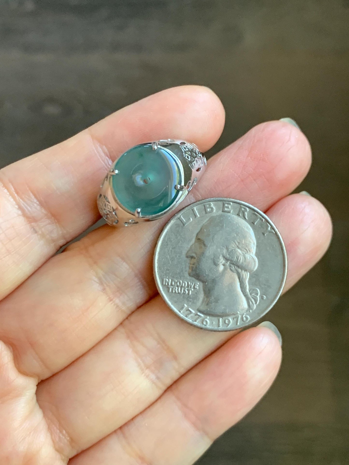 Natural Type A Guatemalan Icy Translucent Teal Blue Jade Jadeite Donut Ping An Kou Ring Sterling Silver Size Adjustable 天然冰危蓝翡翠平安扣戒指MAPK270A