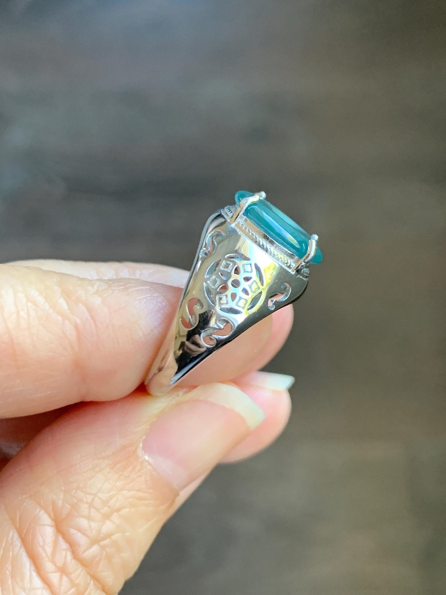 Natural Type A Guatemalan Icy Translucent Teal Blue Jade Jadeite Donut Ping An Kou Ring Sterling Silver Size Adjustable 天然冰危蓝翡翠平安扣戒指MAPK270A