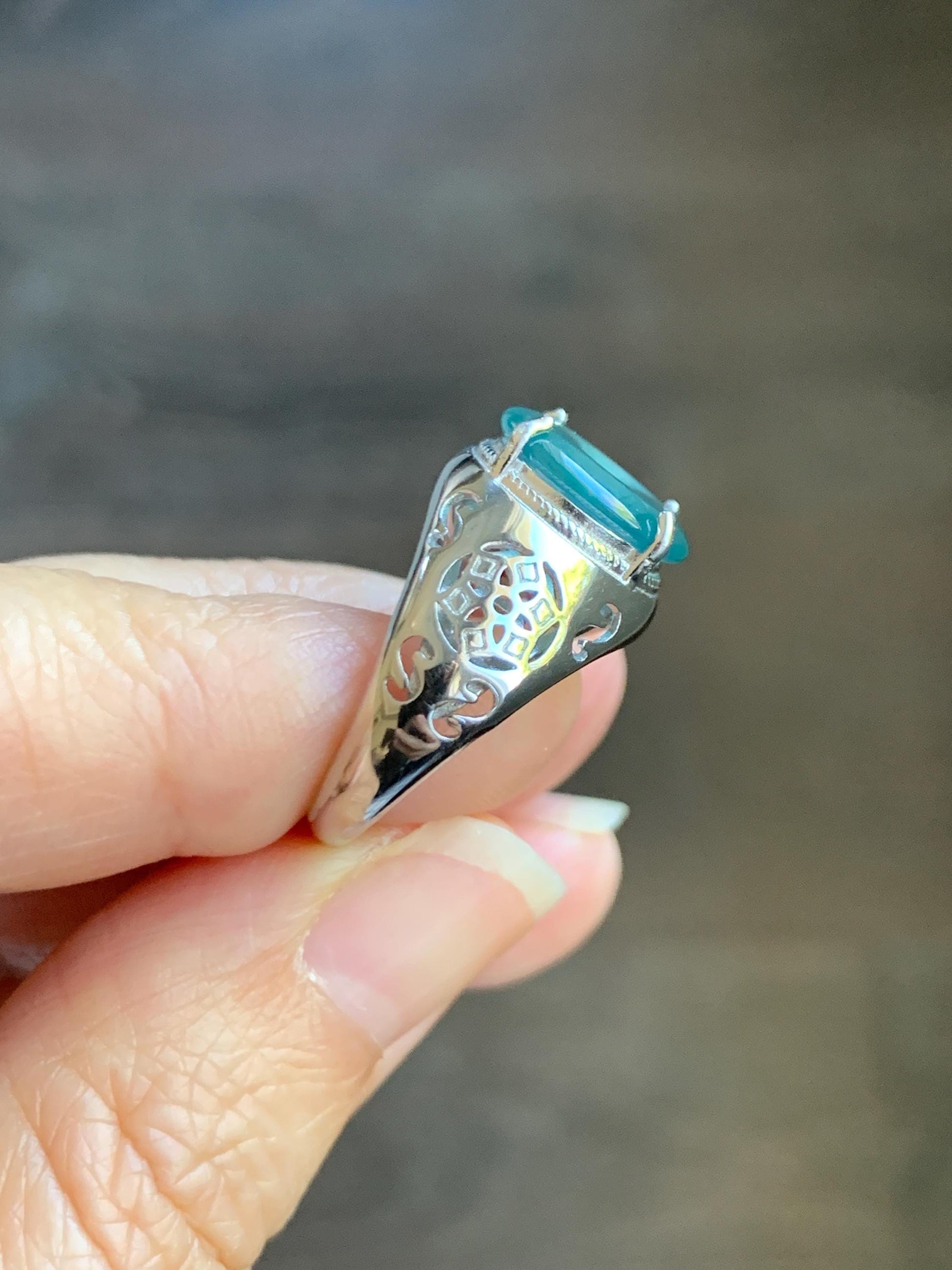 Natural Type A Guatemalan Icy Translucent Teal Blue Jade Jadeite Donut Ping An Kou Ring Sterling Silver Size Adjustable 天然冰危蓝翡翠平安扣戒指MAPK270A