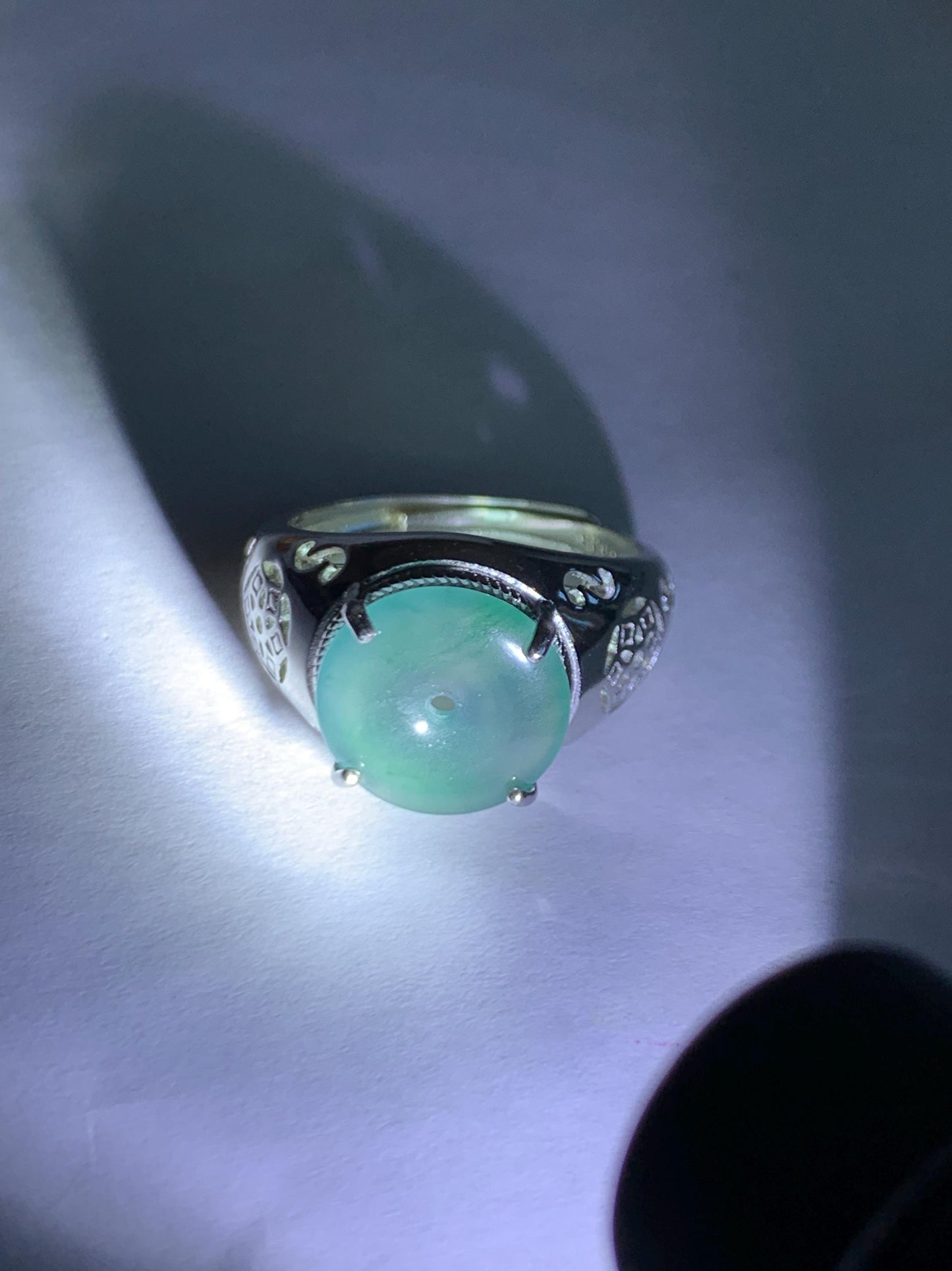 Natural Type A Guatemalan Icy Translucent Teal Blue Jade Jadeite Donut Ping An Kou Ring Sterling Silver Size Adjustable 天然冰危蓝翡翠平安扣戒指MAPK270A