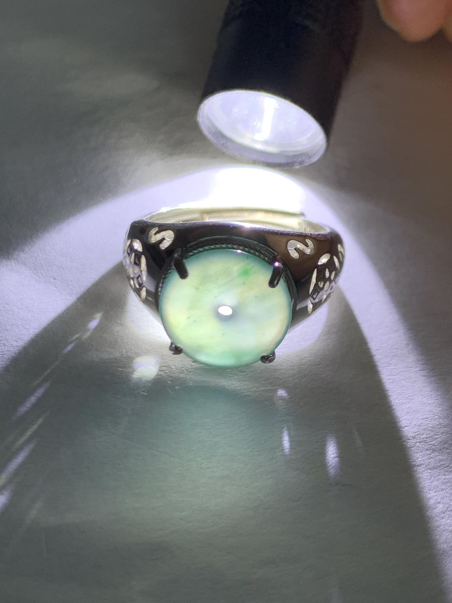 Natural Type A Guatemalan Icy Translucent Teal Blue Jade Jadeite Donut Ping An Kou Ring Sterling Silver Size Adjustable 天然冰危蓝翡翠平安扣戒指MAPK270A