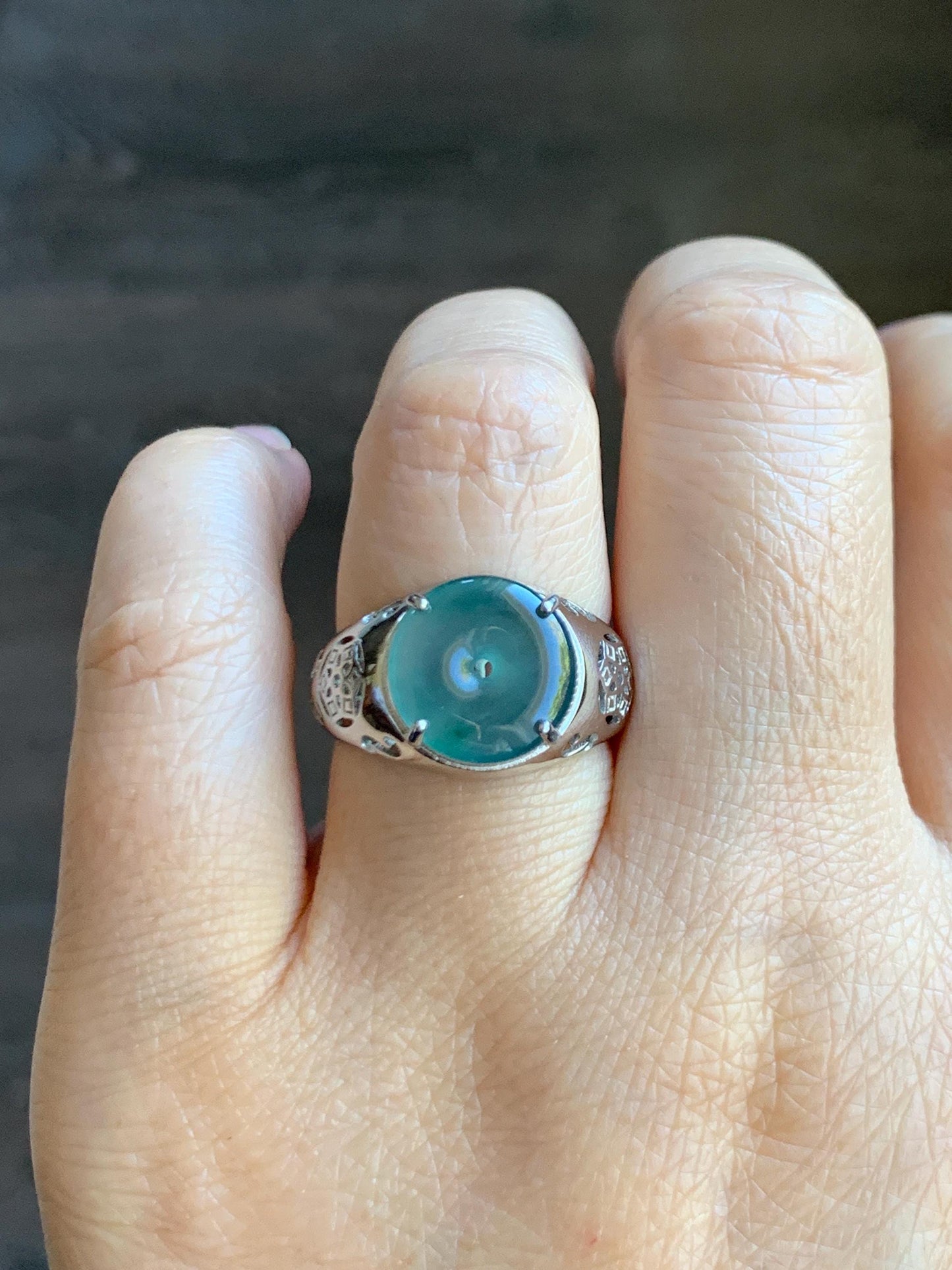 Natural Type A Guatemalan Icy Translucent Teal Blue Jade Jadeite Donut Ping An Kou Ring Sterling Silver Size Adjustable 天然冰危蓝翡翠平安扣戒指MAPK270A