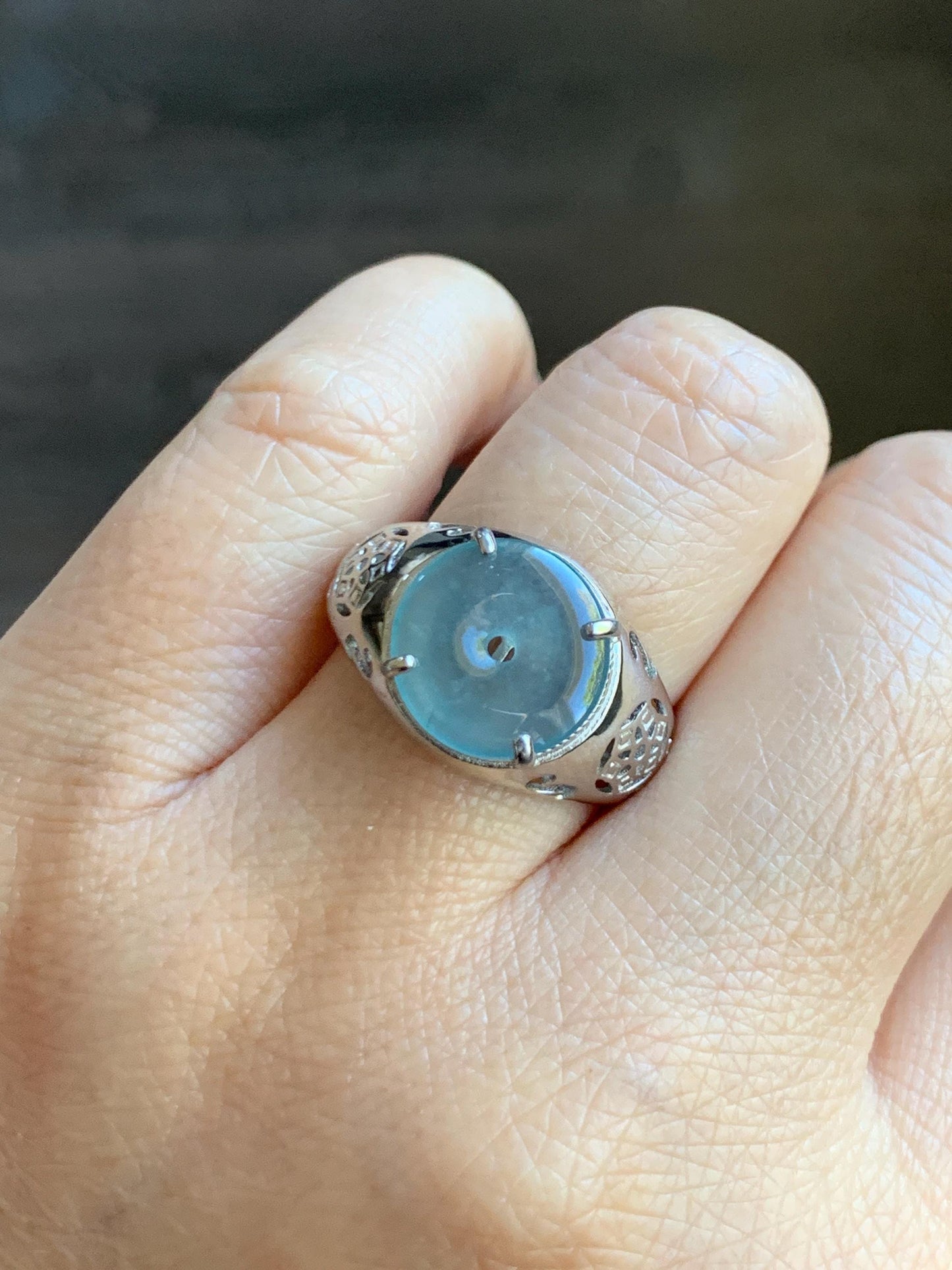 Natural Type A Guatemalan Icy Translucent Blue Jade Jadeite Donut Ping An Kou Ring Sterling Silver Size Adjustable 天然冰危蓝翡翠平安扣戒指MAPK270B