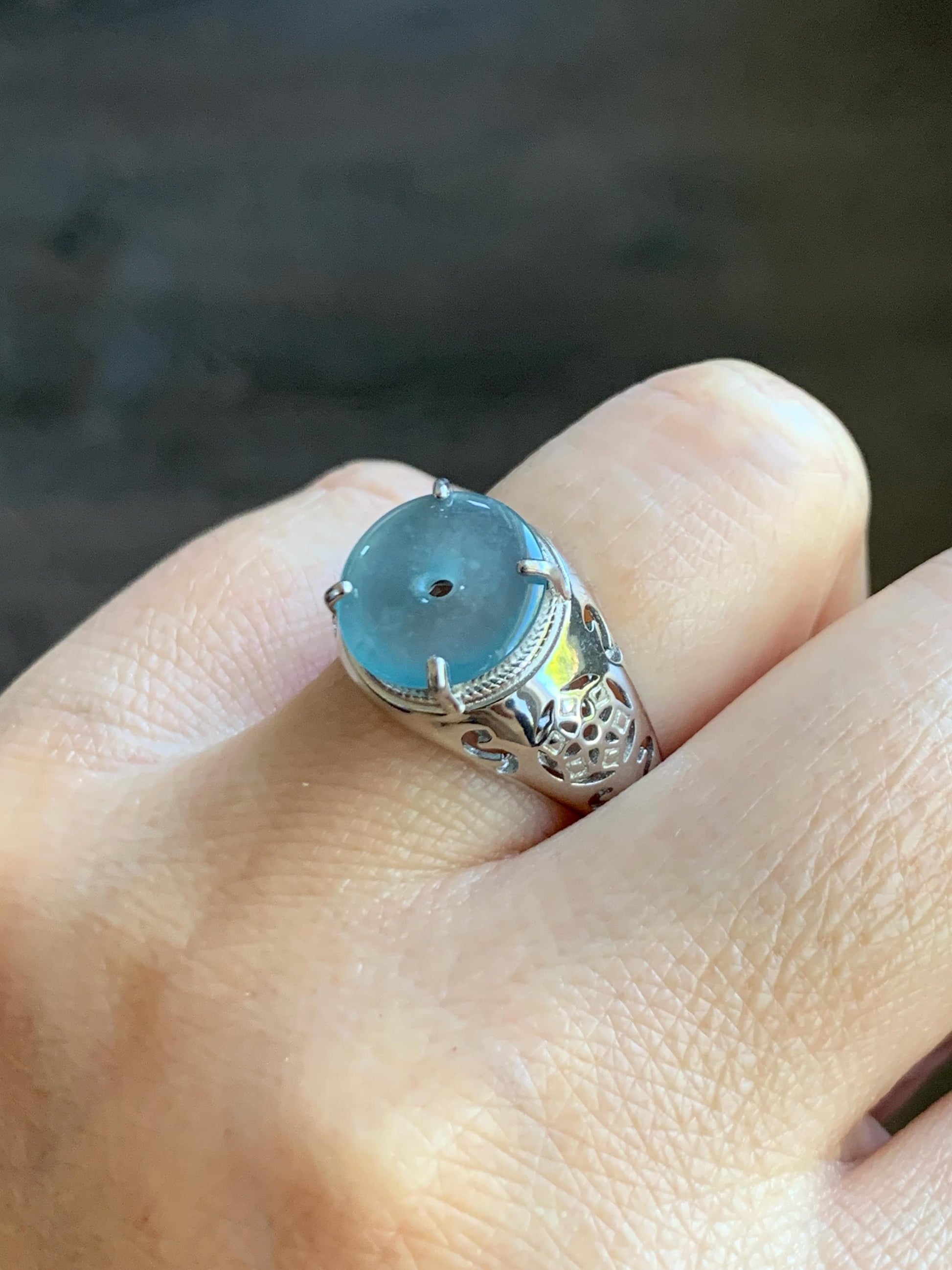 Natural Type A Guatemalan Icy Translucent Blue Jade Jadeite Donut Ping An Kou Ring Sterling Silver Size Adjustable 天然冰危蓝翡翠平安扣戒指MAPK270B