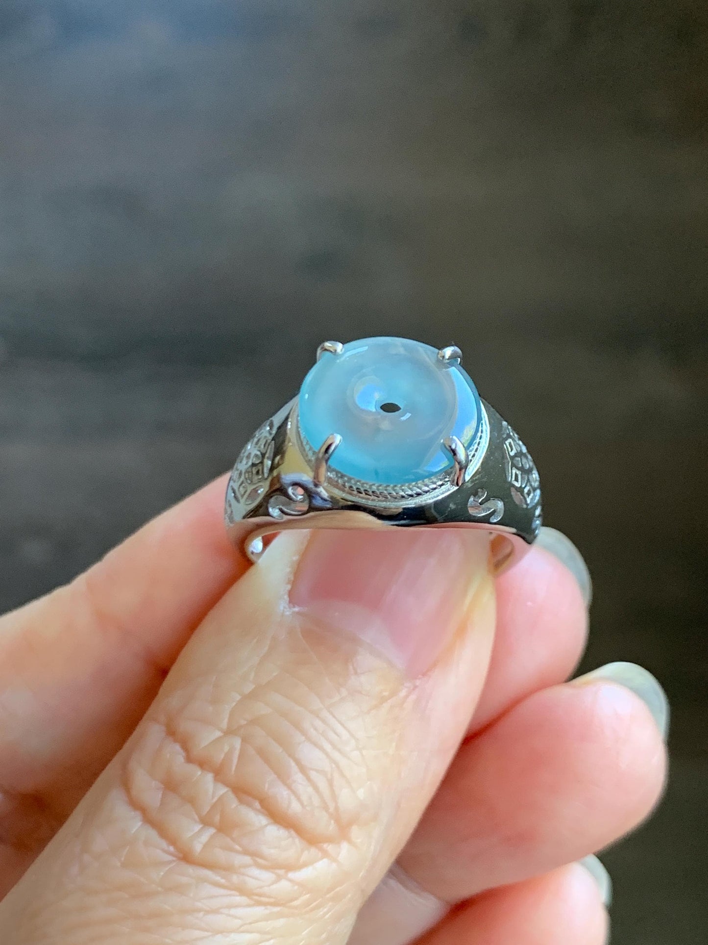 Natural Type A Guatemalan Icy Translucent Blue Jade Jadeite Donut Ping An Kou Ring Sterling Silver Size Adjustable 天然冰危蓝翡翠平安扣戒指MAPK270B