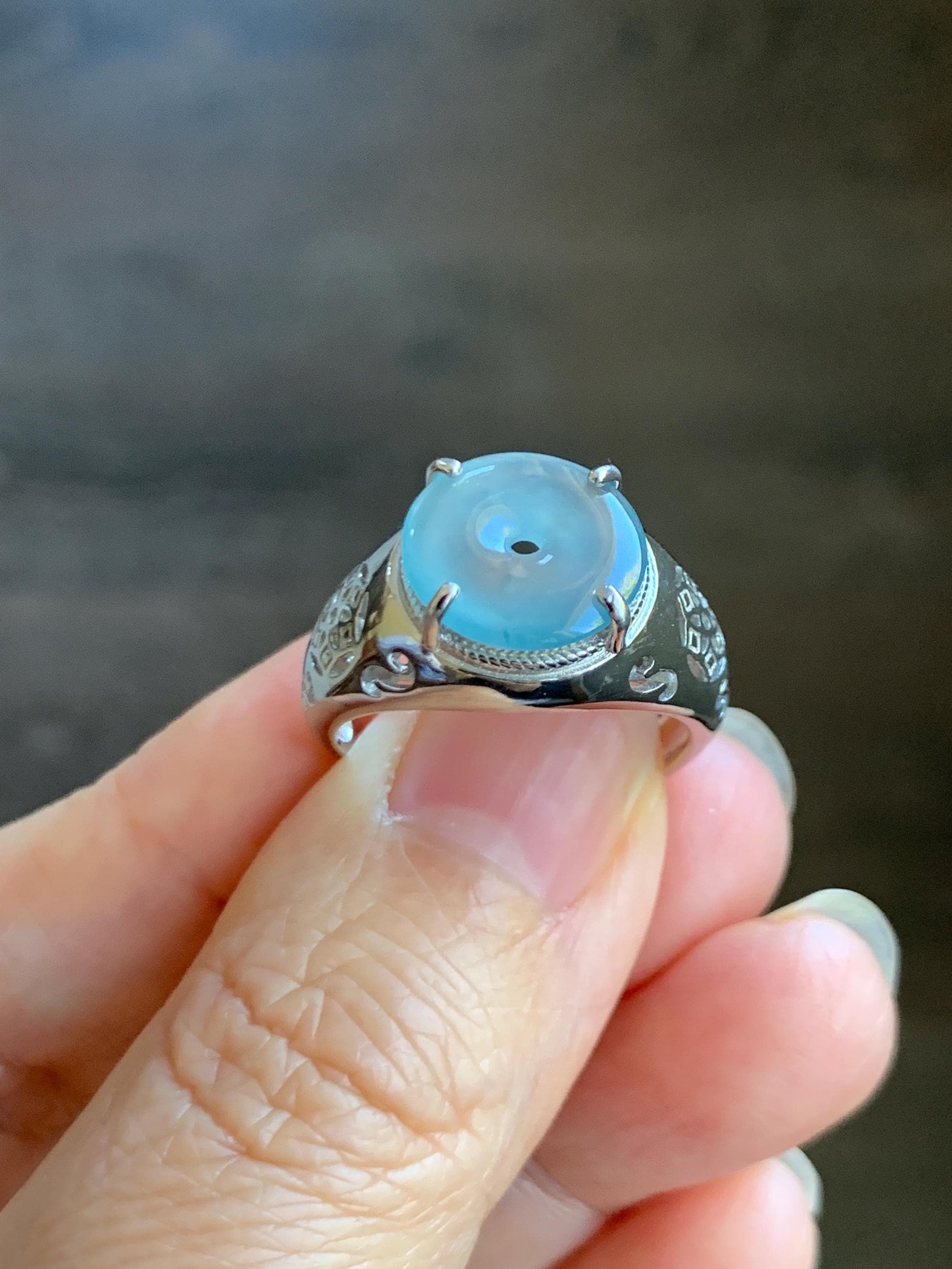 Natural Type A Guatemalan Icy Translucent Blue Jade Jadeite Donut Ping An Kou Ring Sterling Silver Size Adjustable 天然冰危蓝翡翠平安扣戒指MAPK270B