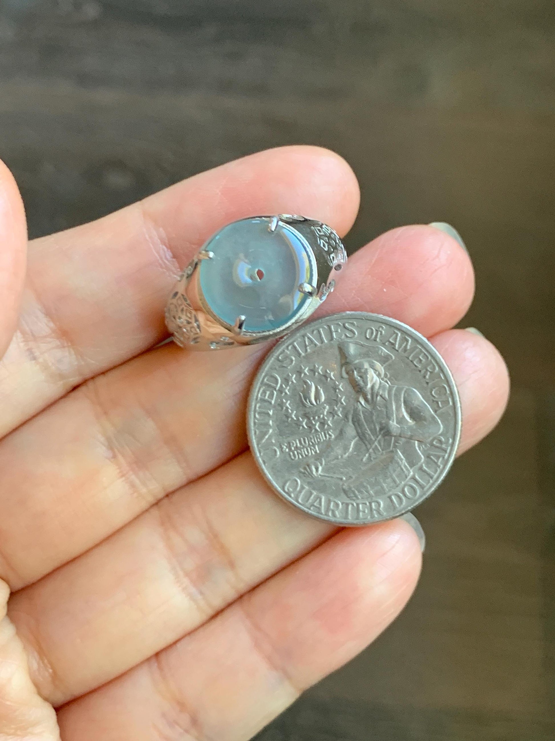 Natural Type A Guatemalan Icy Translucent Blue Jade Jadeite Donut Ping An Kou Ring Sterling Silver Size Adjustable 天然冰危蓝翡翠平安扣戒指MAPK270B