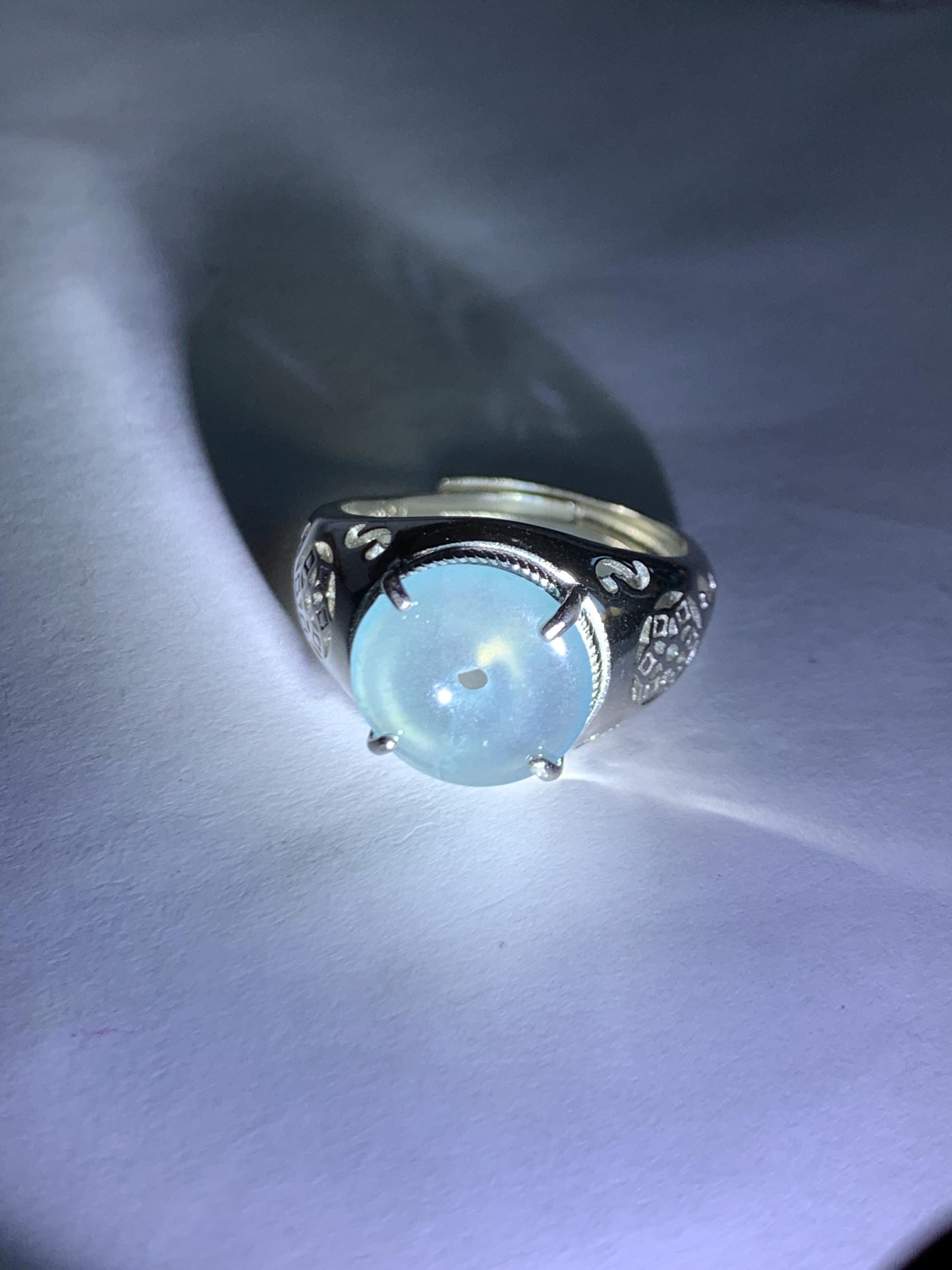 Natural Type A Guatemalan Icy Translucent Blue Jade Jadeite Donut Ping An Kou Ring Sterling Silver Size Adjustable 天然冰危蓝翡翠平安扣戒指MAPK270B