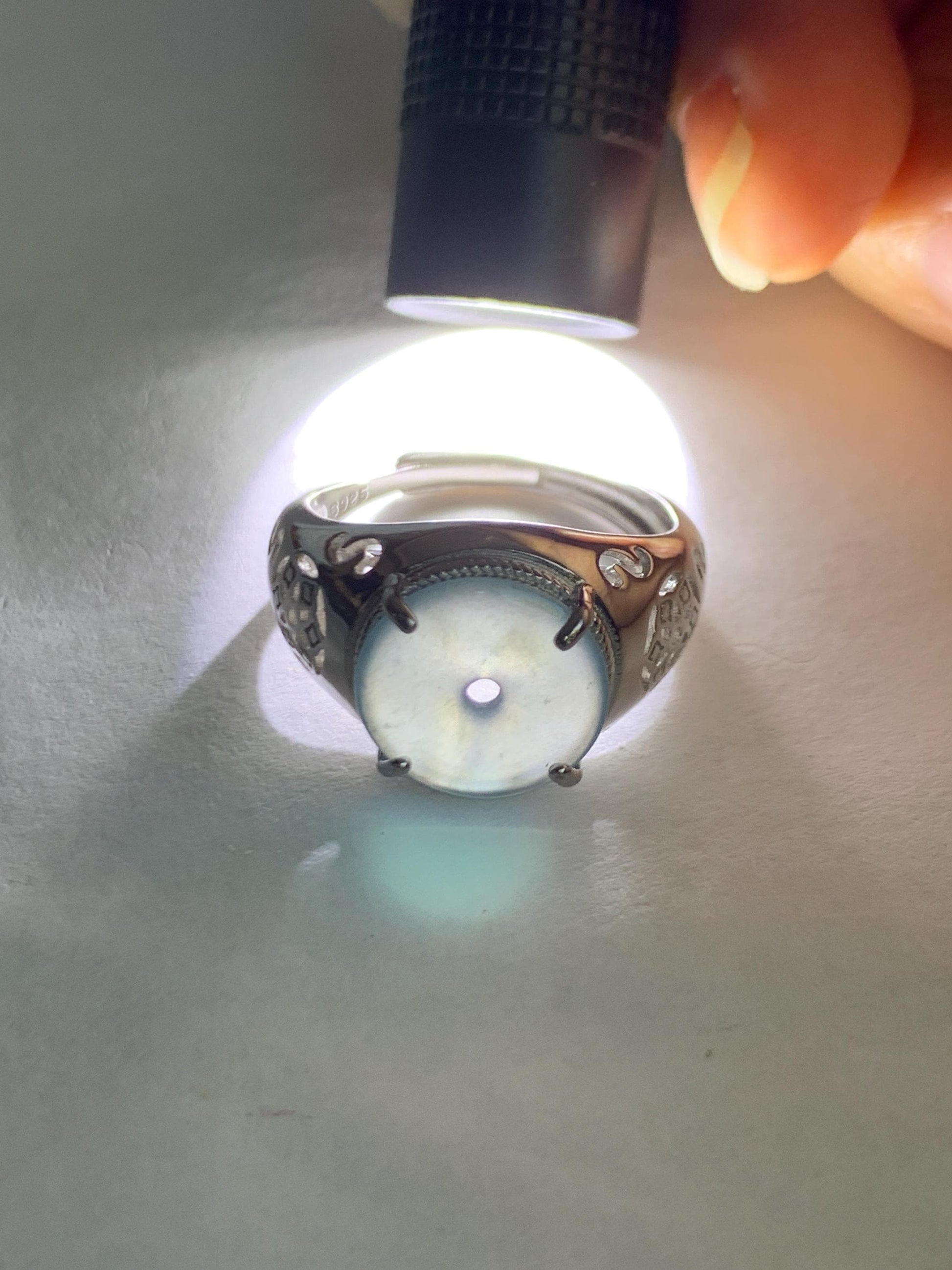Natural Type A Guatemalan Icy Translucent Blue Jade Jadeite Donut Ping An Kou Ring Sterling Silver Size Adjustable 天然冰危蓝翡翠平安扣戒指MAPK270B