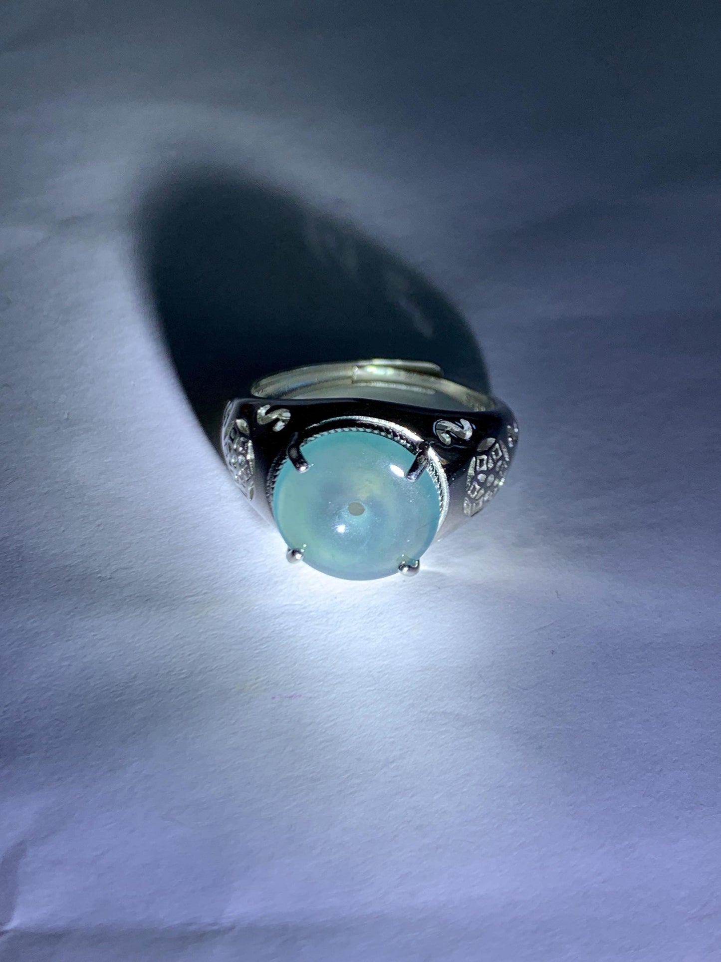 Natural Type A Guatemalan Icy Translucent Teal Blue Jade Jadeite Donut Ping An Kou Ring Sterling Silver Size Adjustable 天然冰危蓝翡翠平安扣戒指MAPK270C